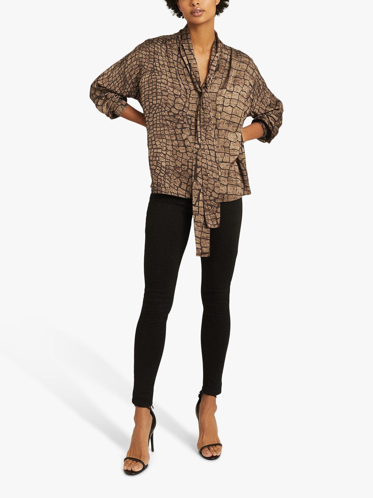 Reiss Jessie Tie Neck Animal Print Blouse, Brown
