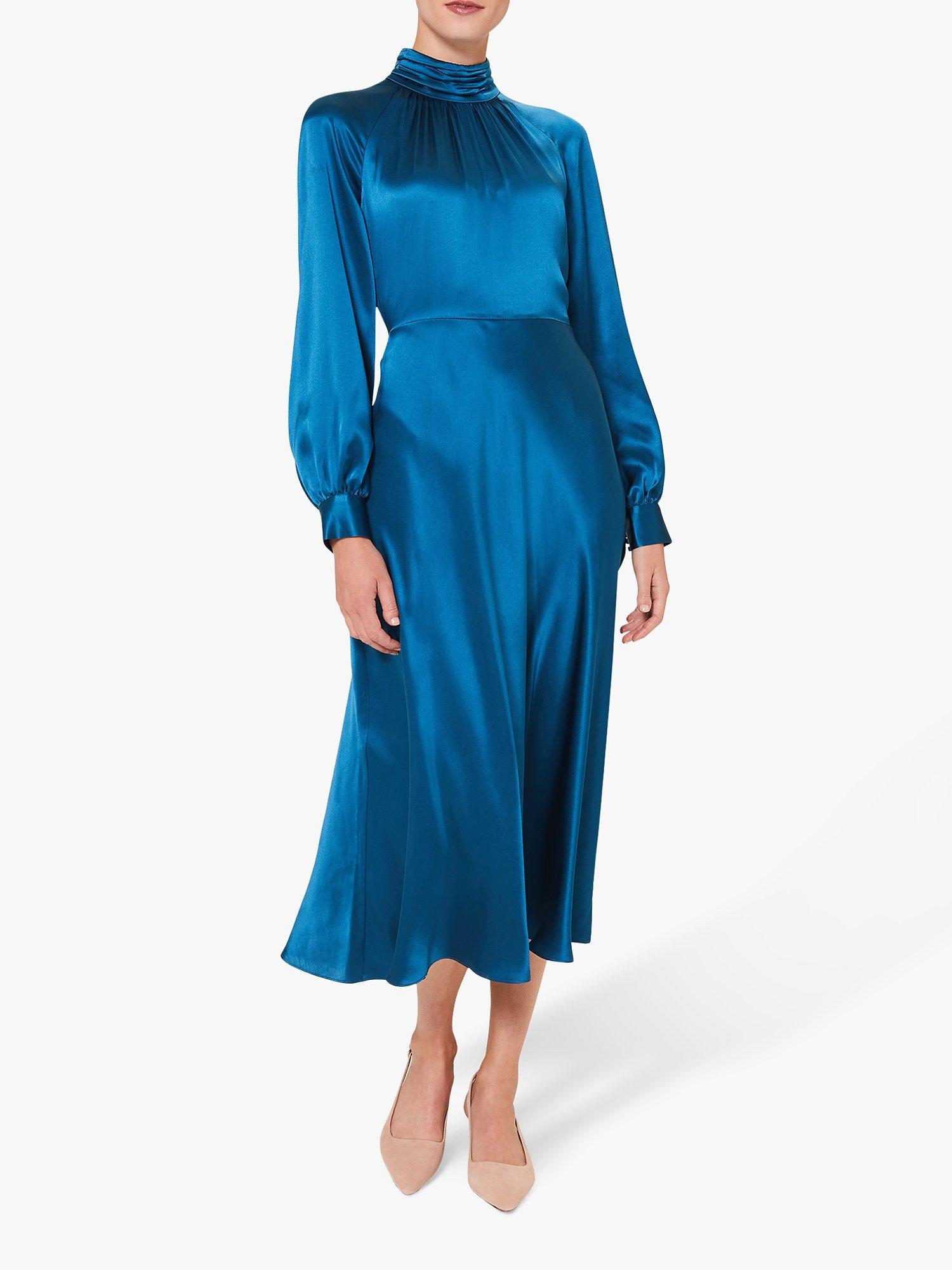 Hobbs Haisley Silk Satin High Neck Midi Dress, Kingfisher Blue
