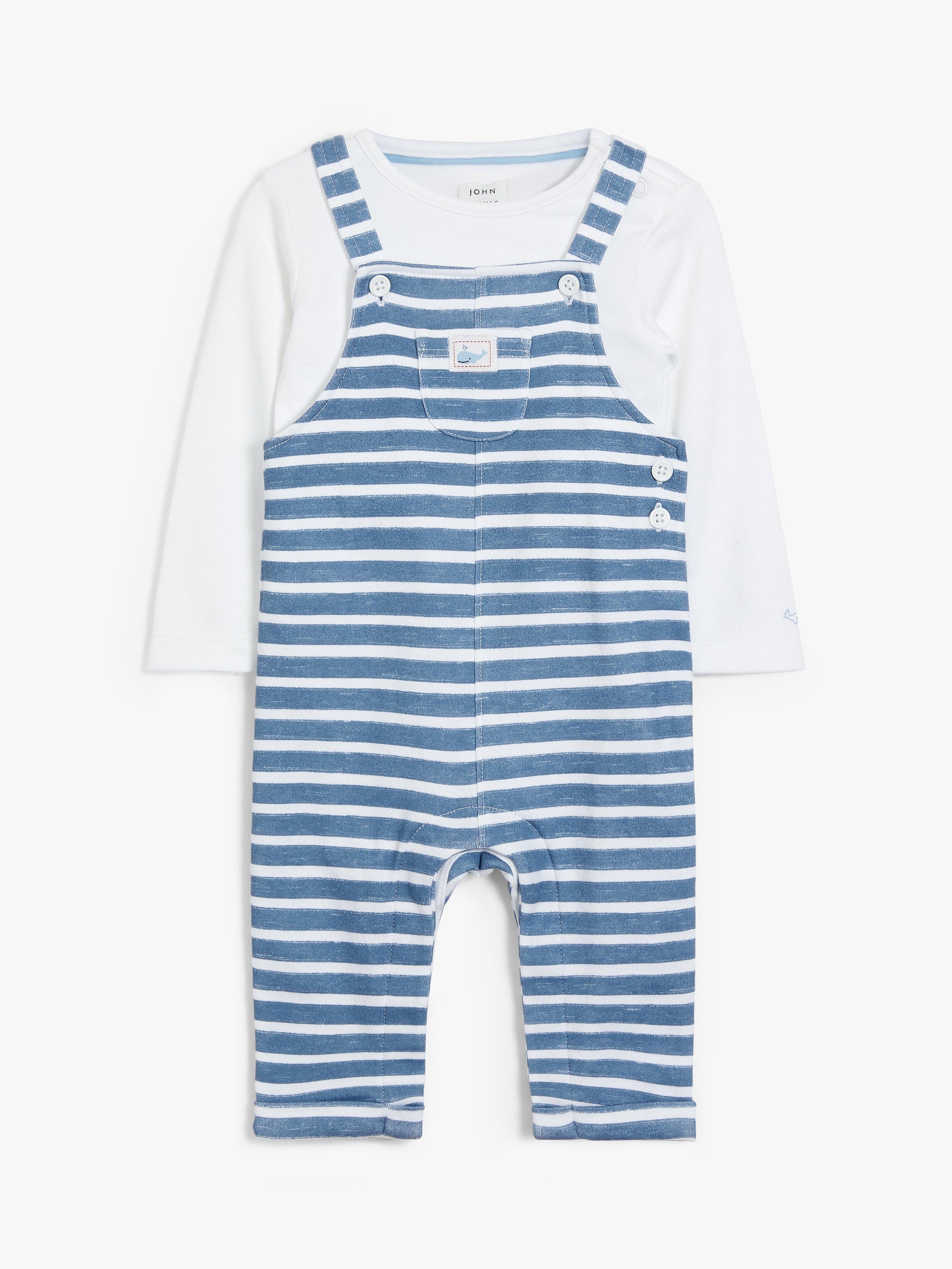 John Lewis Organic Cotton Stripe Dungaree & Top Set, Blue/White