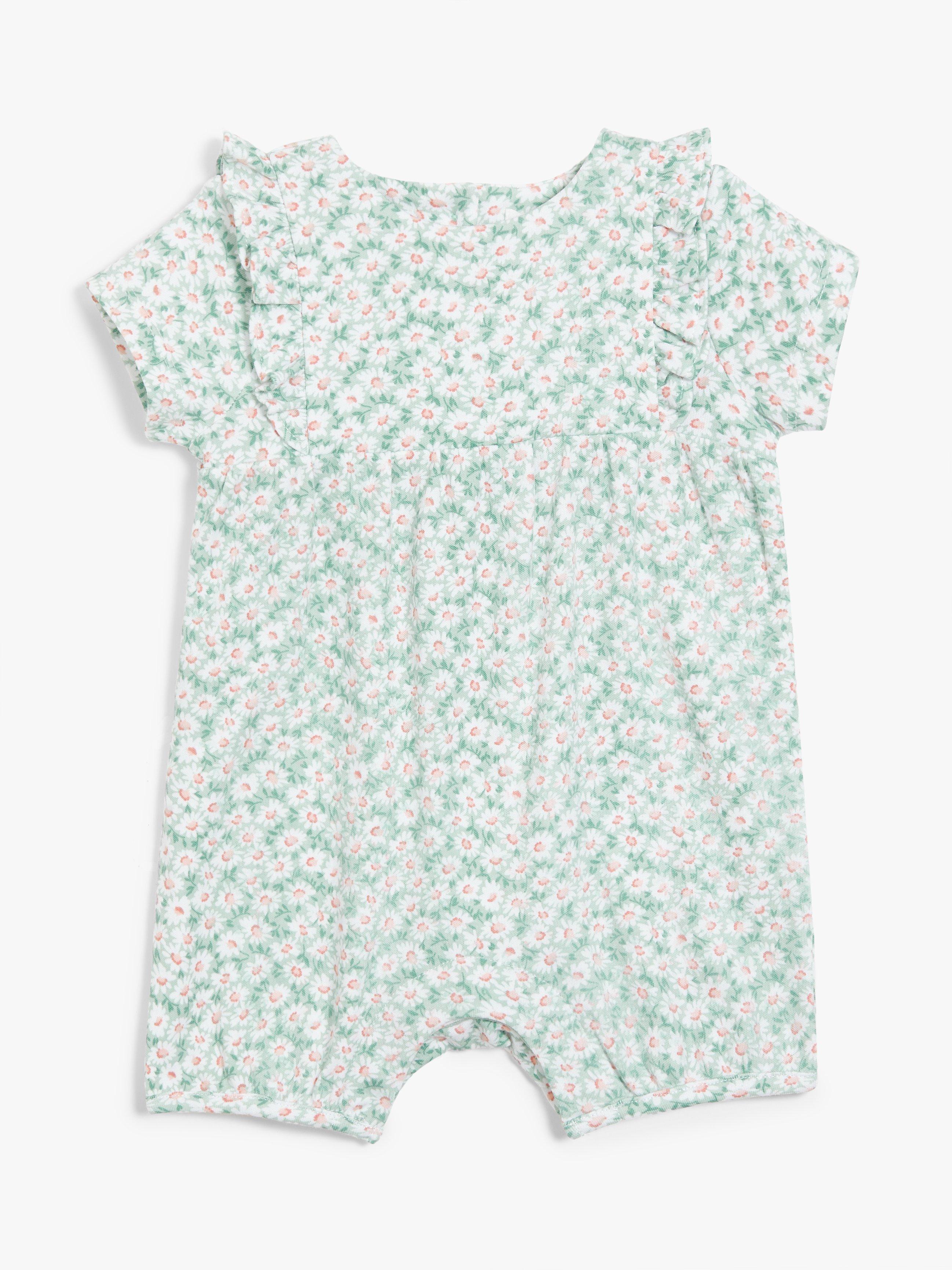John Lewis Baby Organic Cotton Floral Ruffle Short Romper, Green
