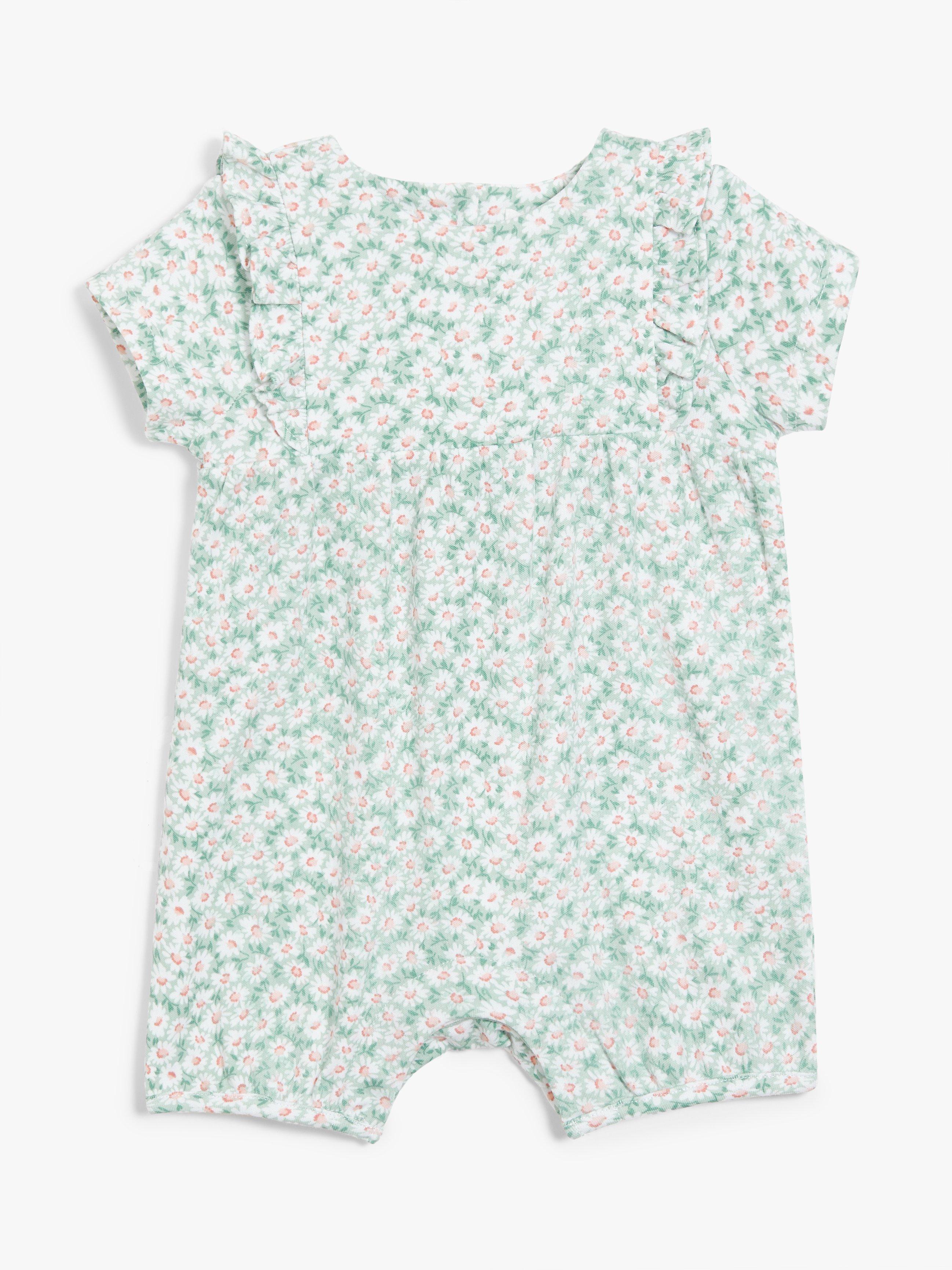 John Lewis Baby Organic Cotton Floral Ruffle Short Romper, Green