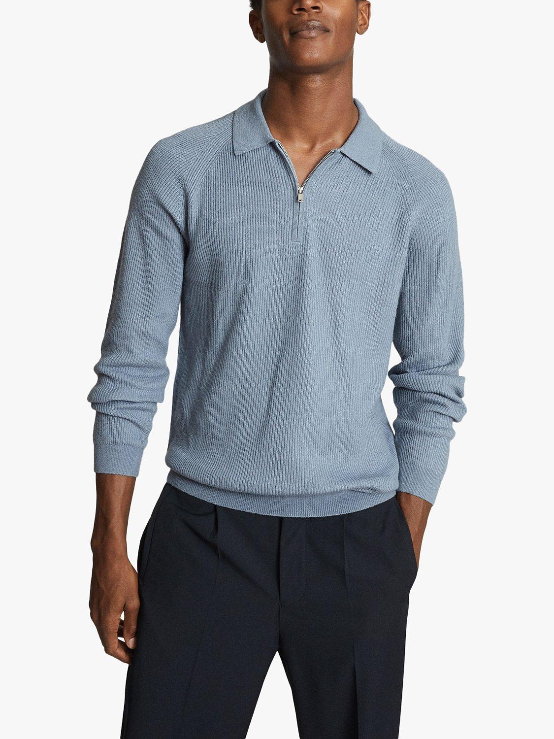 Reiss Aston Zip Neck Ribbed Knit Polo Shirt, Steel Blue