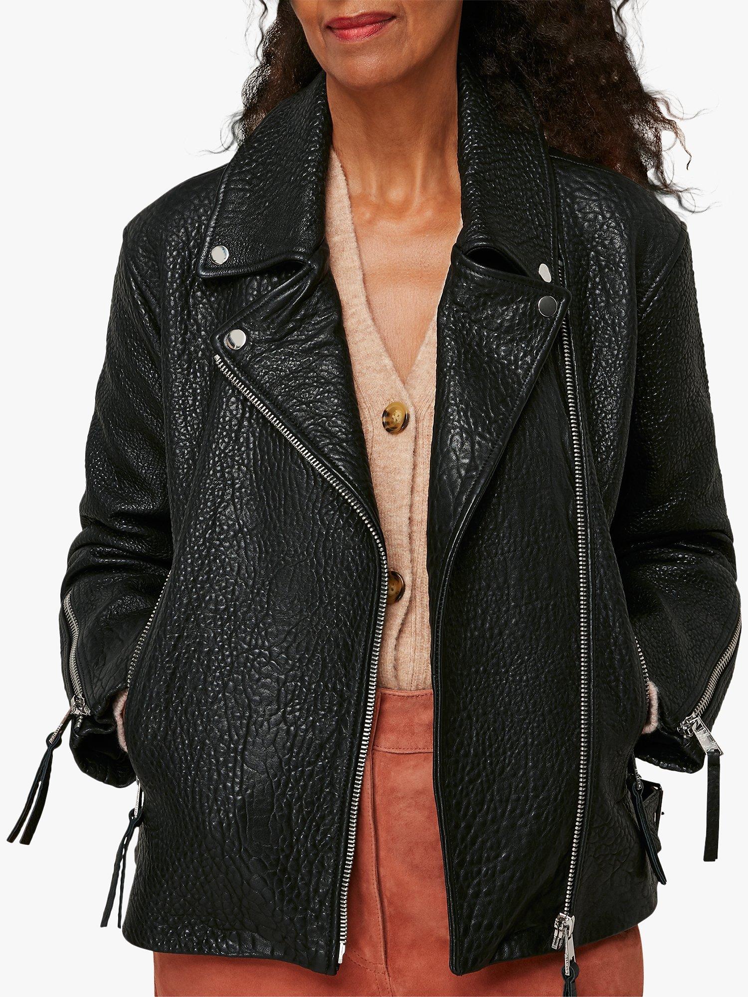 Whistles Lily Easy Textured Leather Biker Jacket, Black