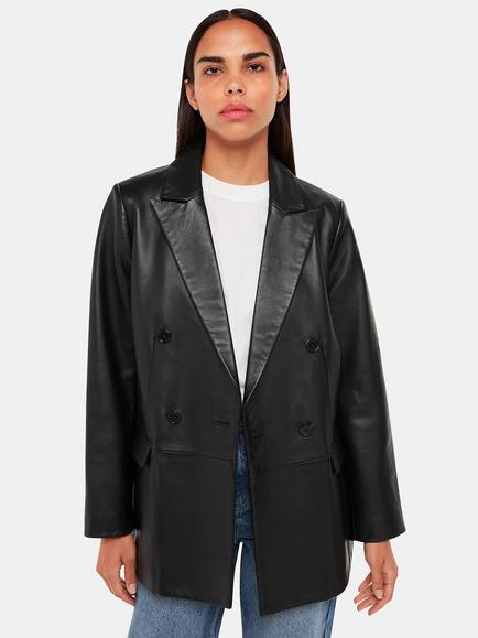 Whistles Aliza Double Breasted Leather Jacket, Black, Black