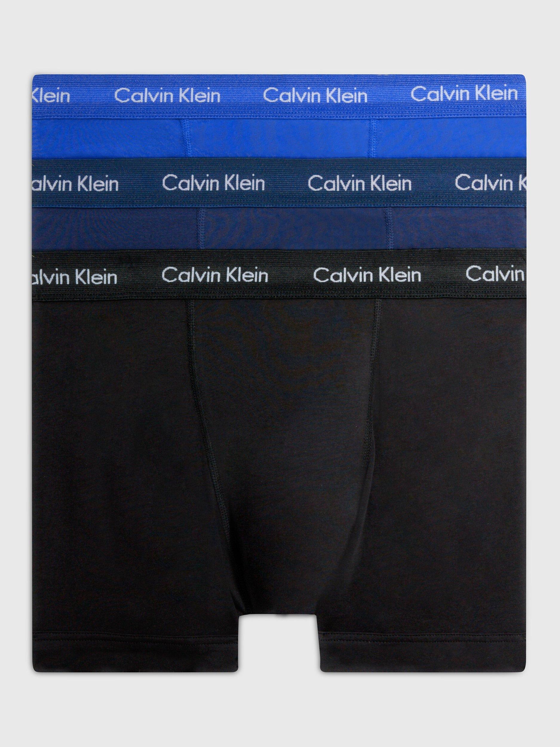 Product image 1 of 1, which shows Calvin Klein Regular Cotton Stretch Trunks, Pack of 3, Black/Blue Shadow/Cobalt, XS