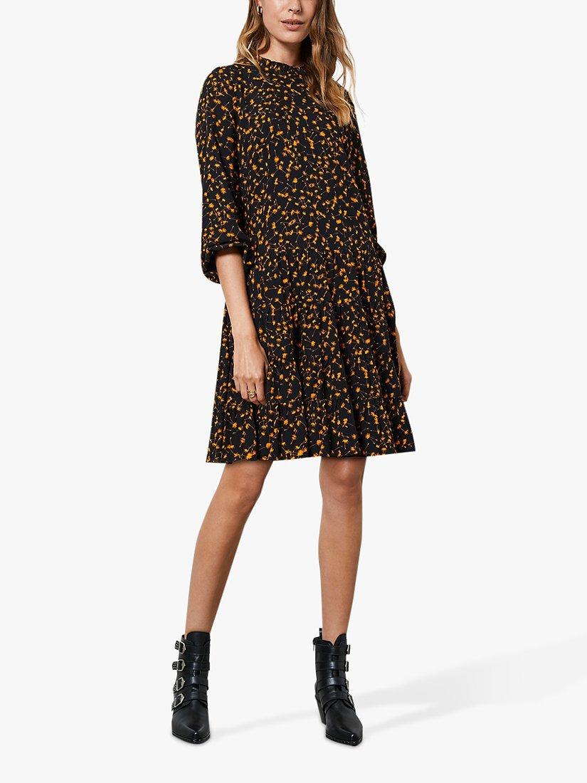 Mint Velvet Miley Dandelion Print Tiered Mini Dress, Black/Orange