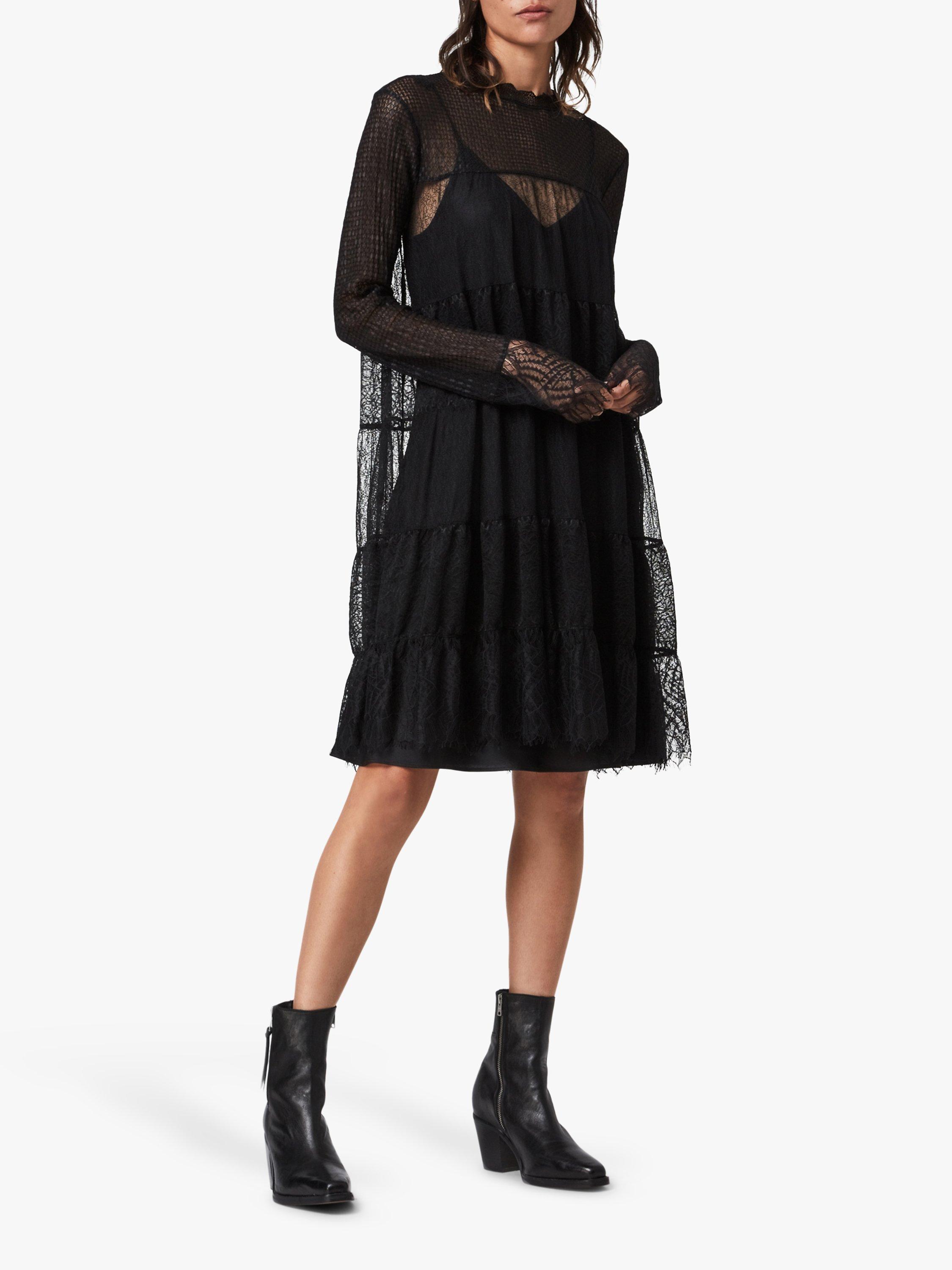 AllSaints Briella Tiered Lace Mini Dress, Black