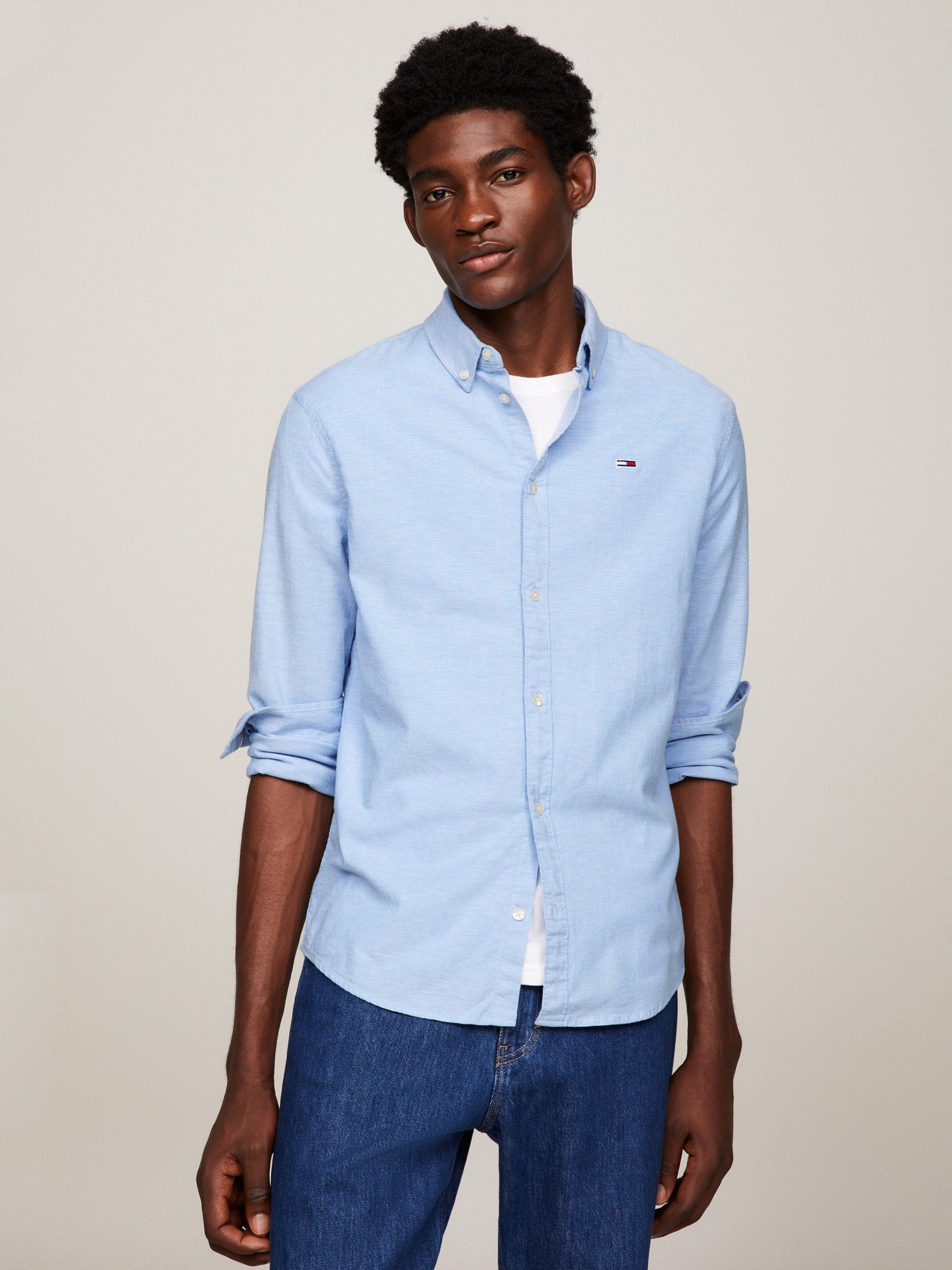 Product image 1 of 3, which shows Tommy Jeans Slim Organic Cotton Oxford Shirt, Perfume Blue, XS
