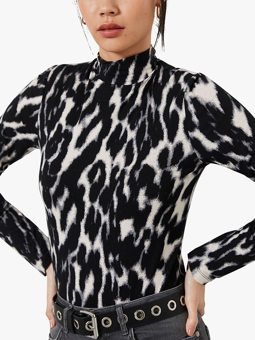 Mint Velvet Leopard Print Polo Neck Top Grey Multi