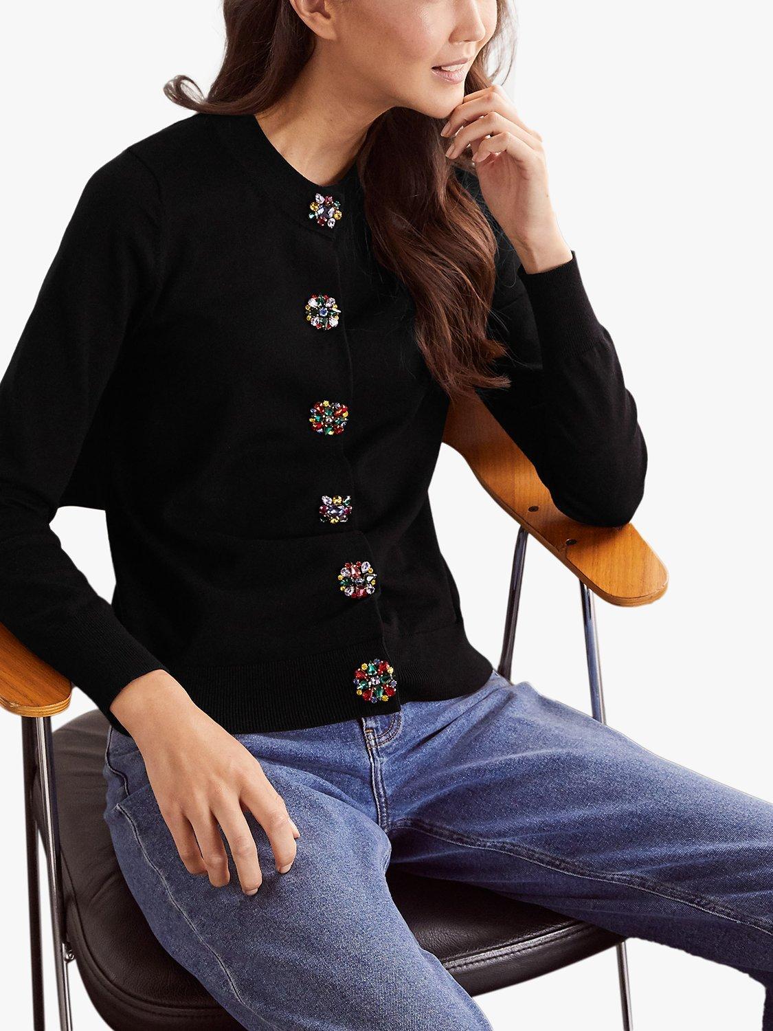 Boden Howe Embellished Button Cardigan, Black