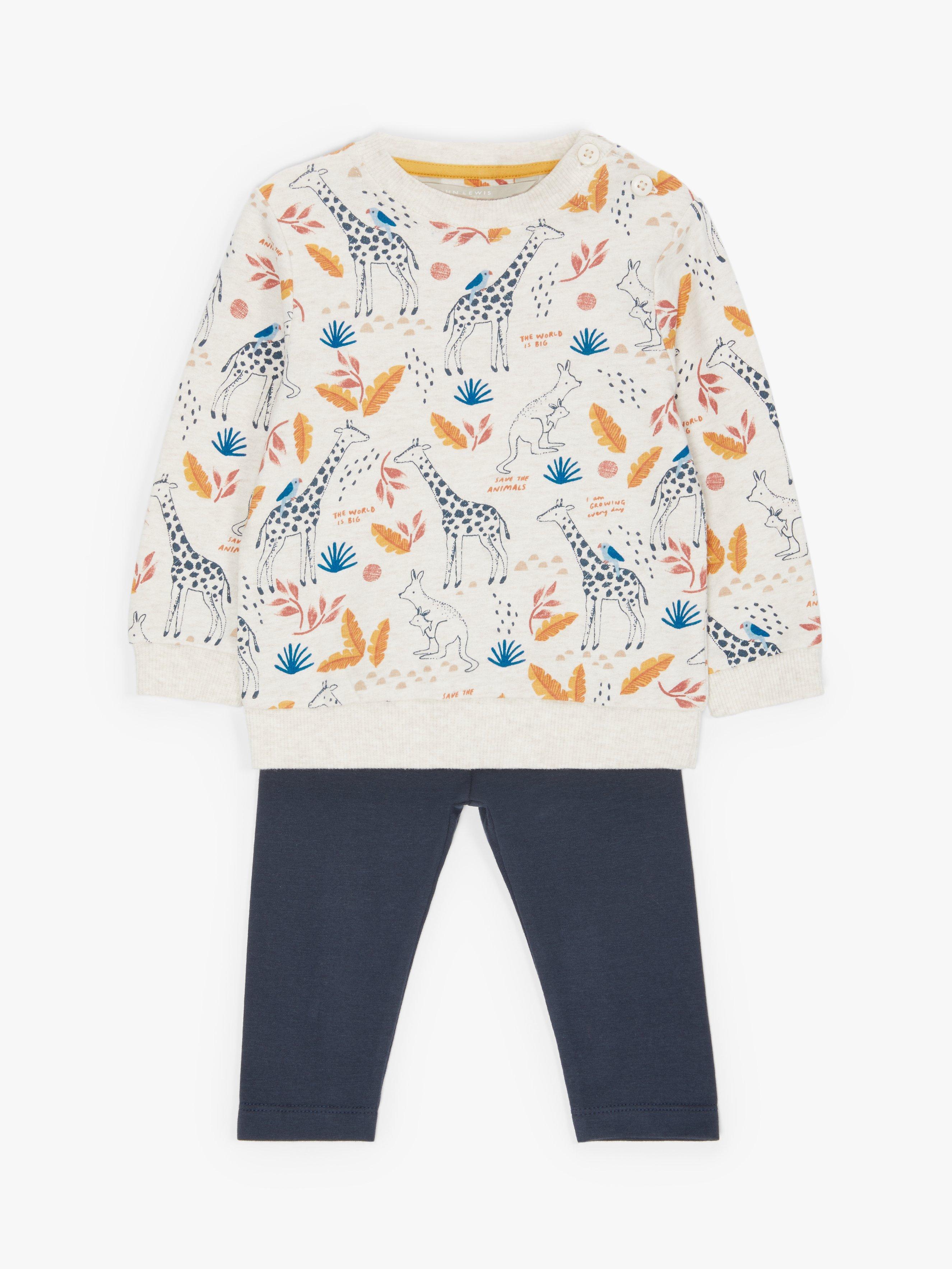 ANYDAY John Lewis & Partners Baby Organic Cotton Giraffe Top and Leggings Set, Gardenia/Charcoal