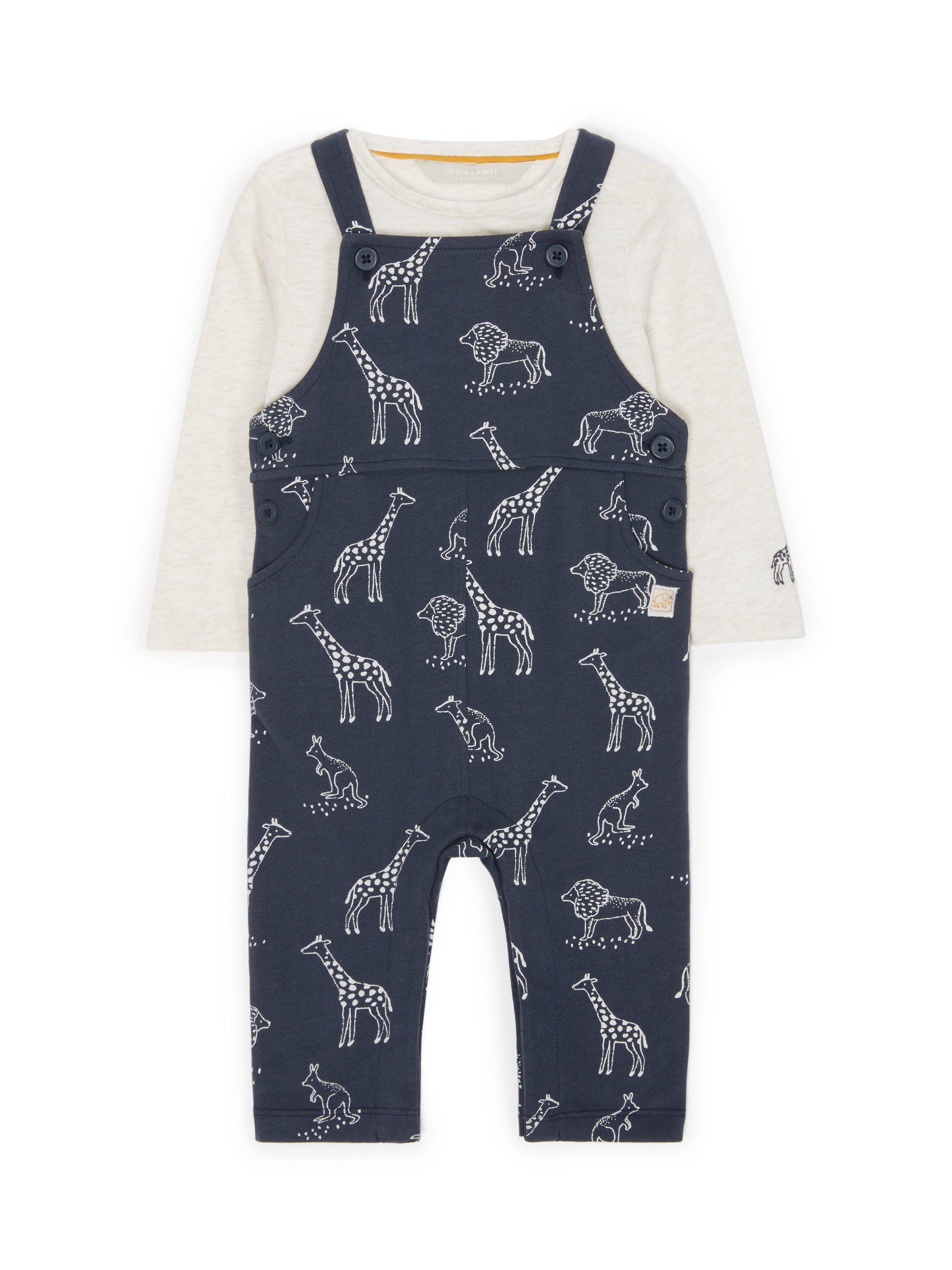 John Lewis ANYDAY Baby Organic Cotton Giraffe Print Dungaree Set, Charcoal