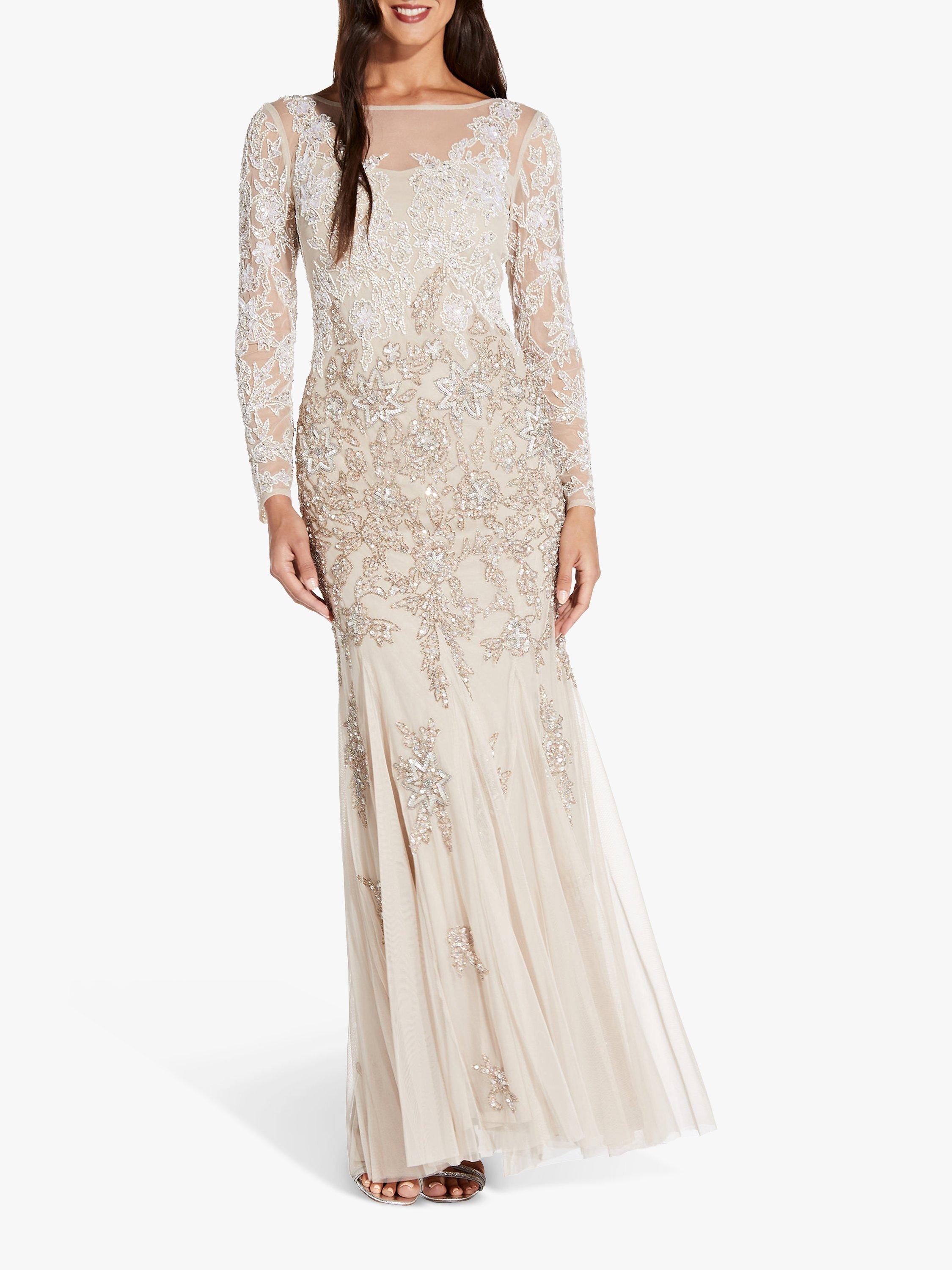adrianna papell beaded long dress biscotti Illusion Sleeved Beaded Lace A-line Wedding Dress main image 1