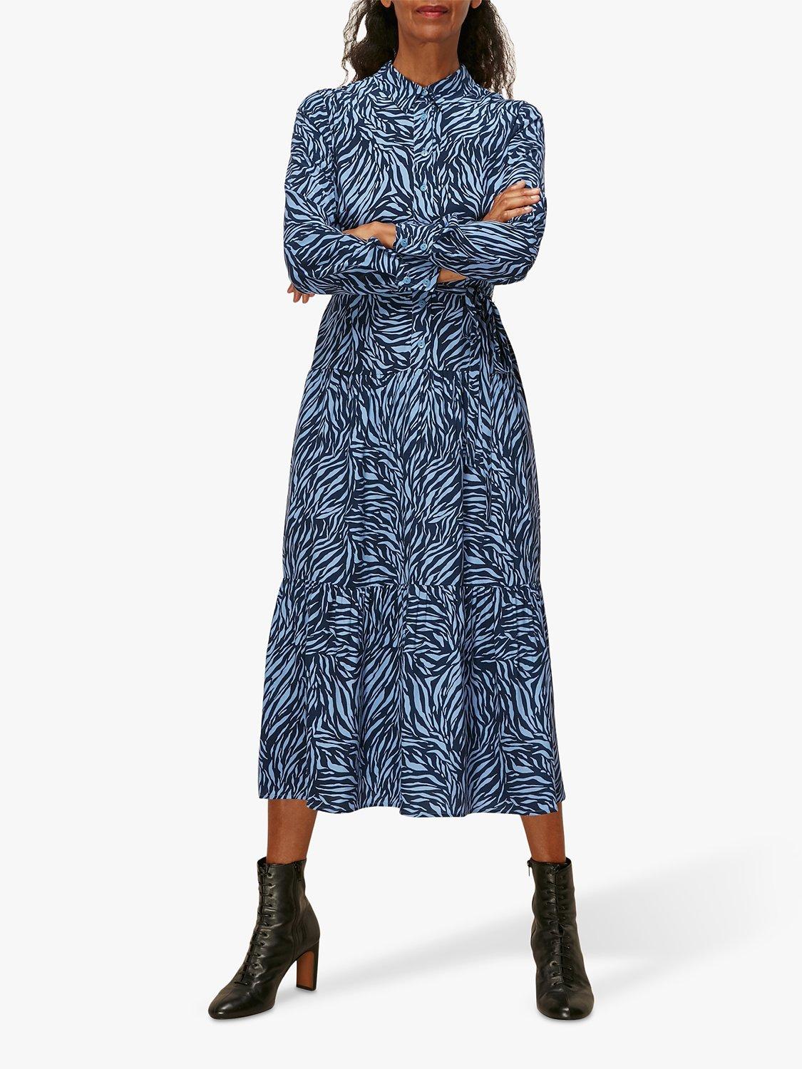 Whistles Zebra Print Tiered Shirt Dress, Blue/Black