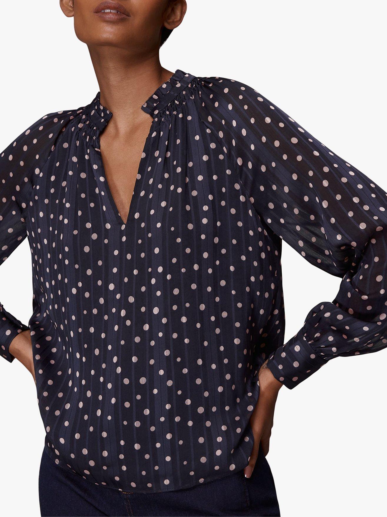 Whistles Pleated Satin Spot Blouse, Blue/Blush