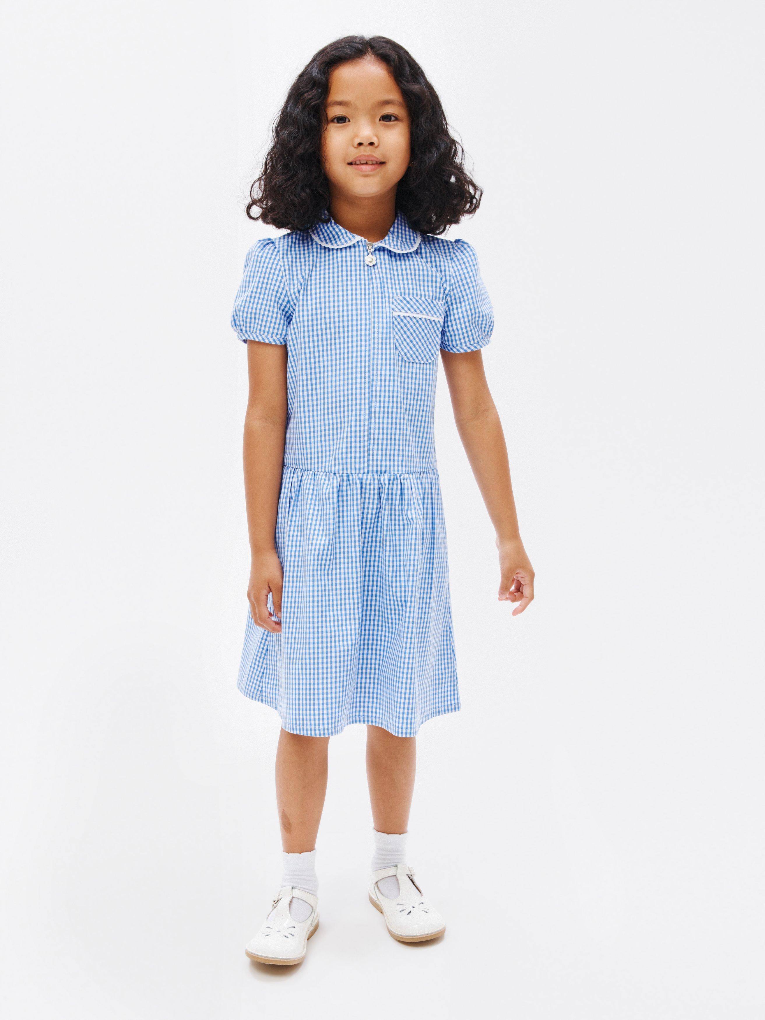 John Lewis School Gingham A-Line Summer Dress, Light Blue