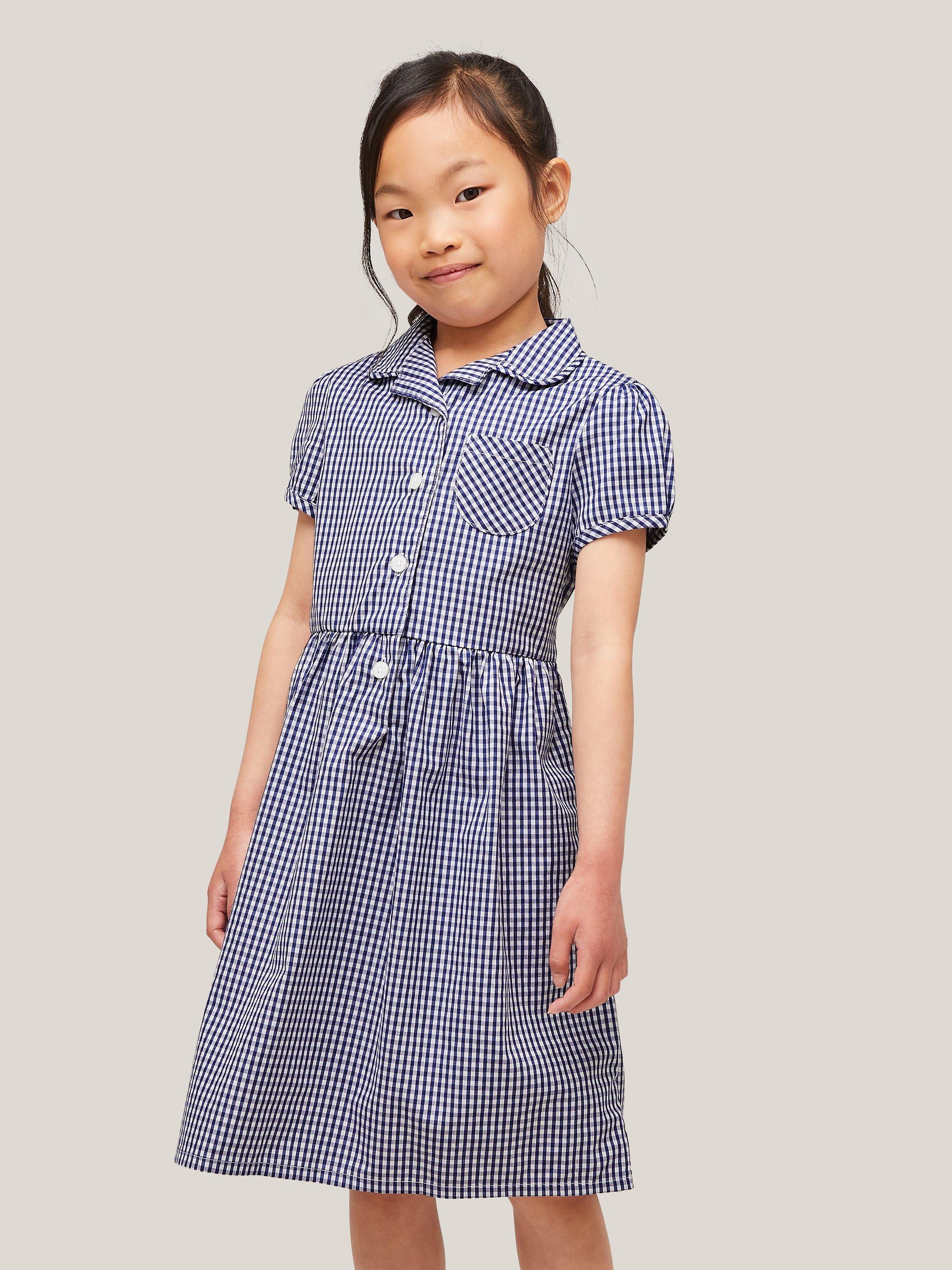 John Lewis School Belted Gingham Checked Summer Dress, Navy