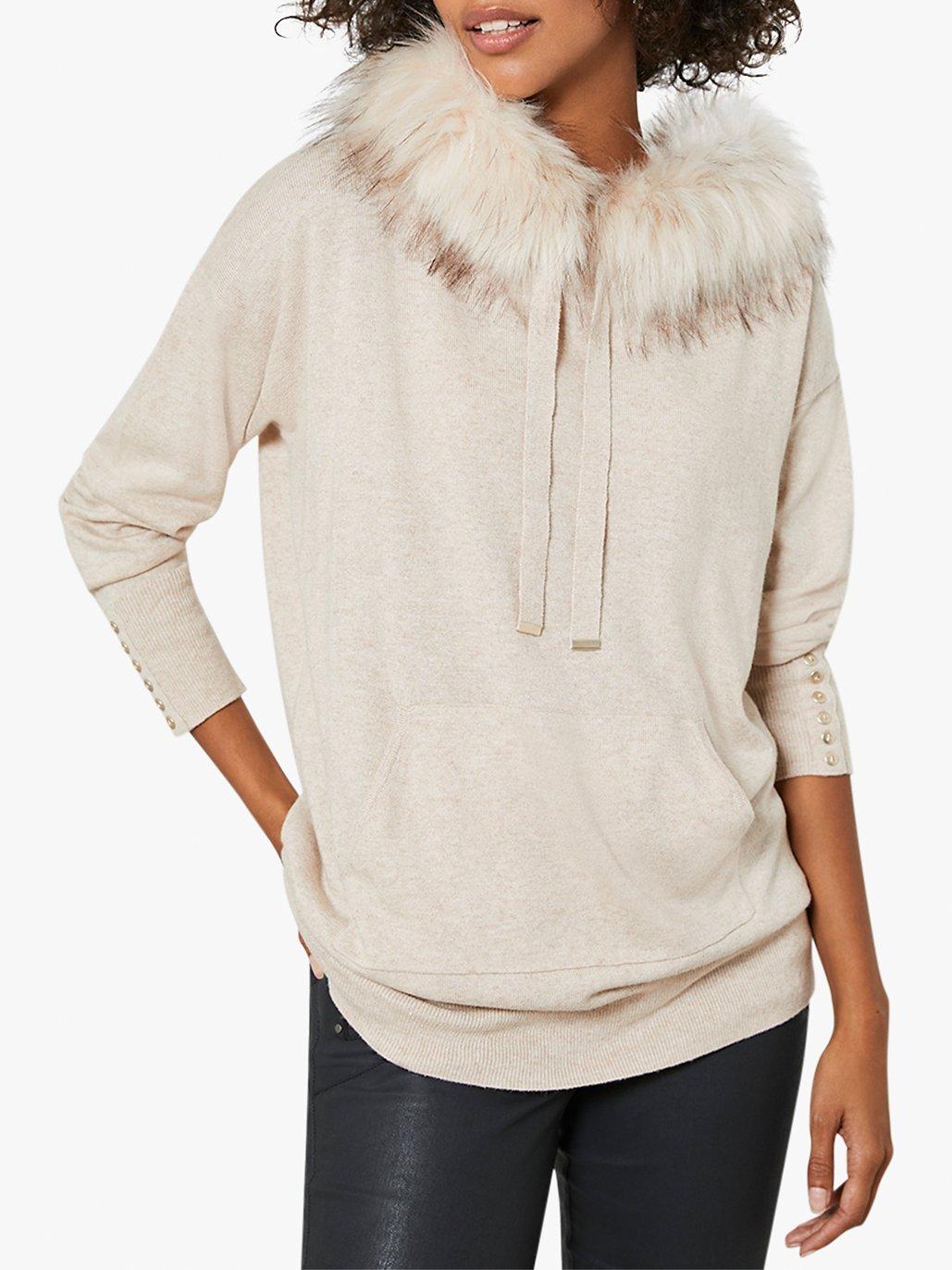 Mint Velvet Faux Fur Hoodie Beige