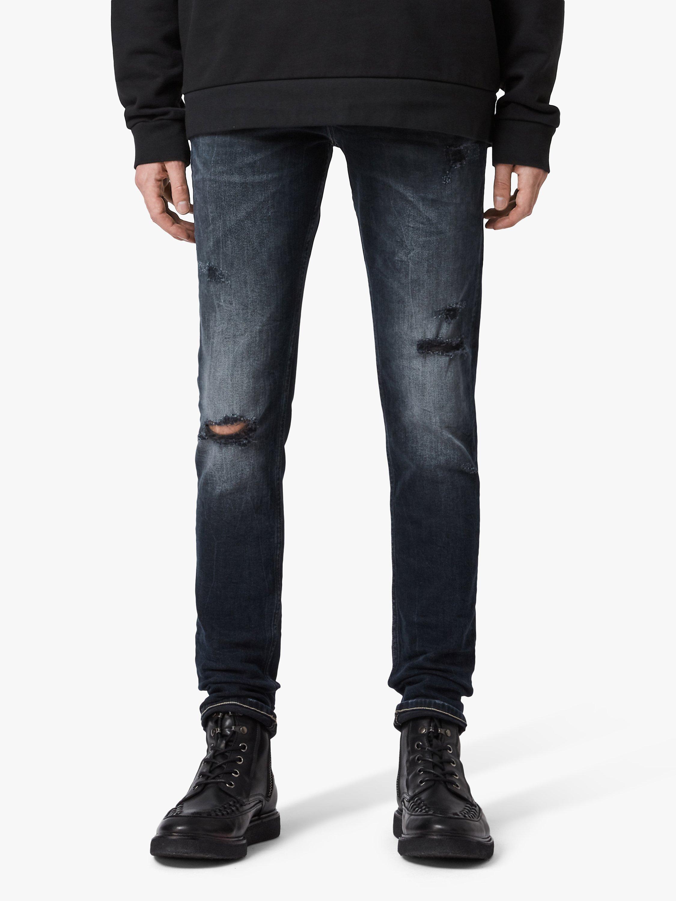 AllSaints Cigarette Damaged Skinny Jeans, Dark Indigo