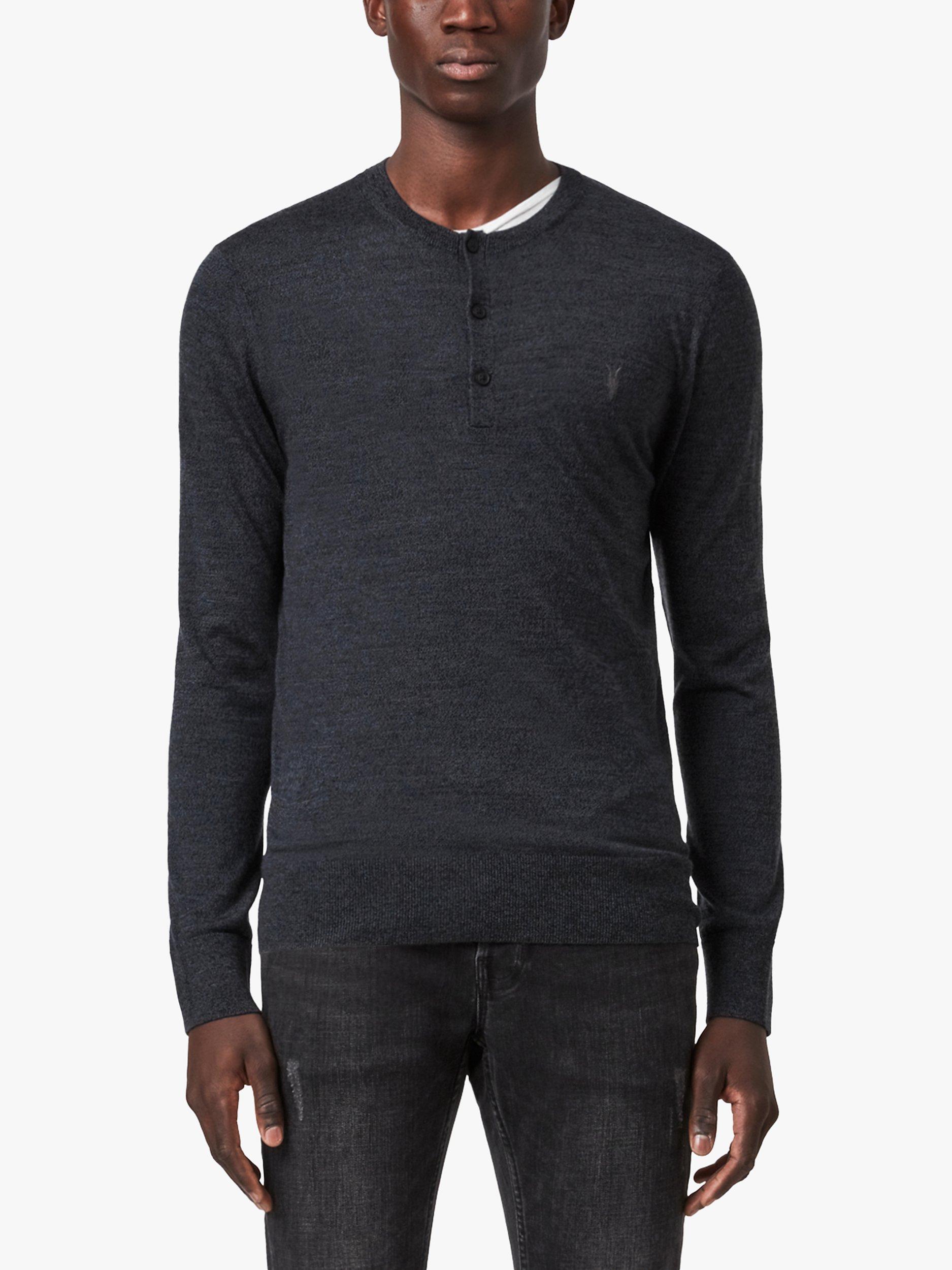 AllSaints Mode Merino Henley Jumper, Quartz Blue Mouline