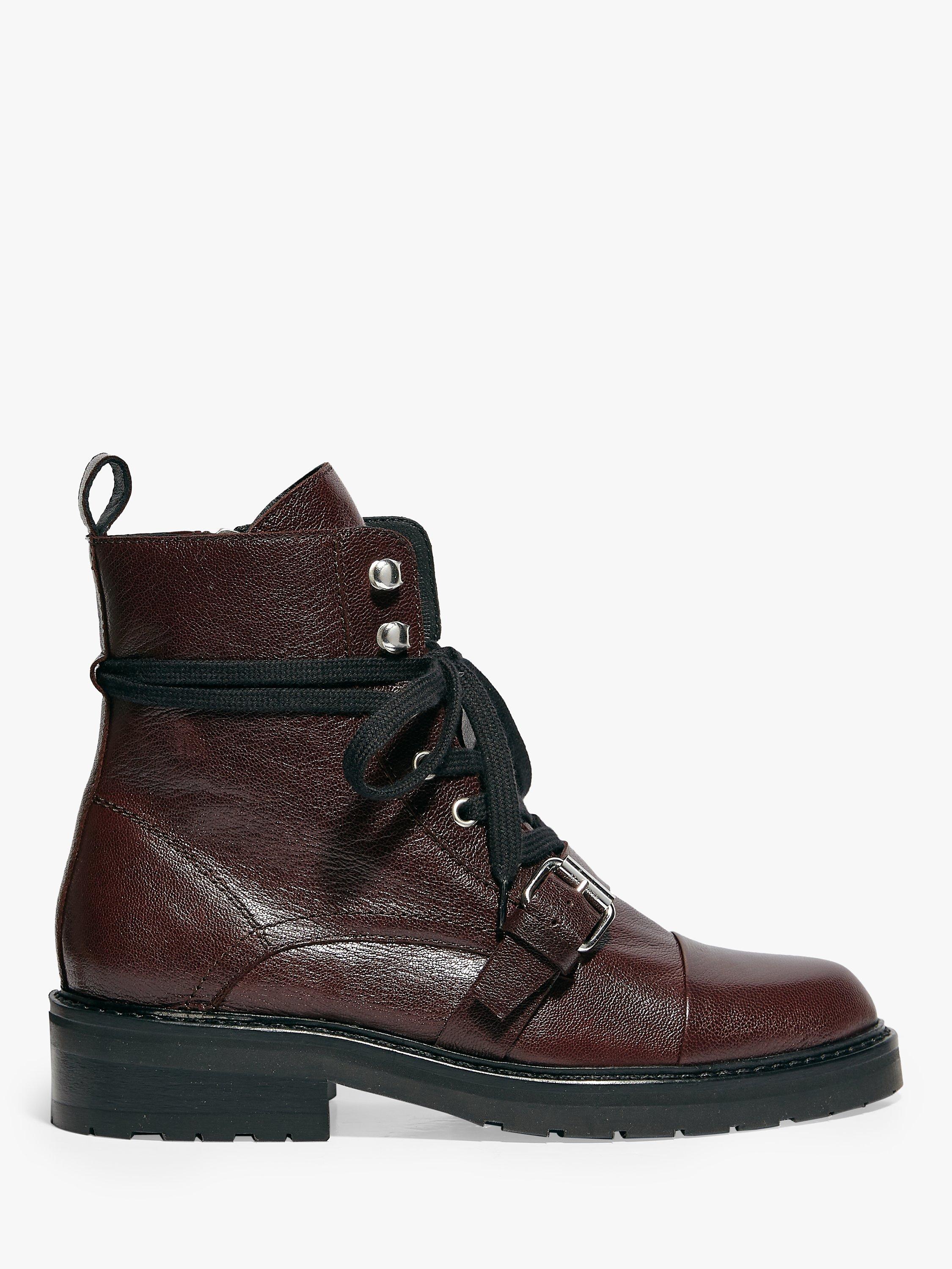 AllSaints Donita Leather Biker Lace Up Boots, Bordeaux