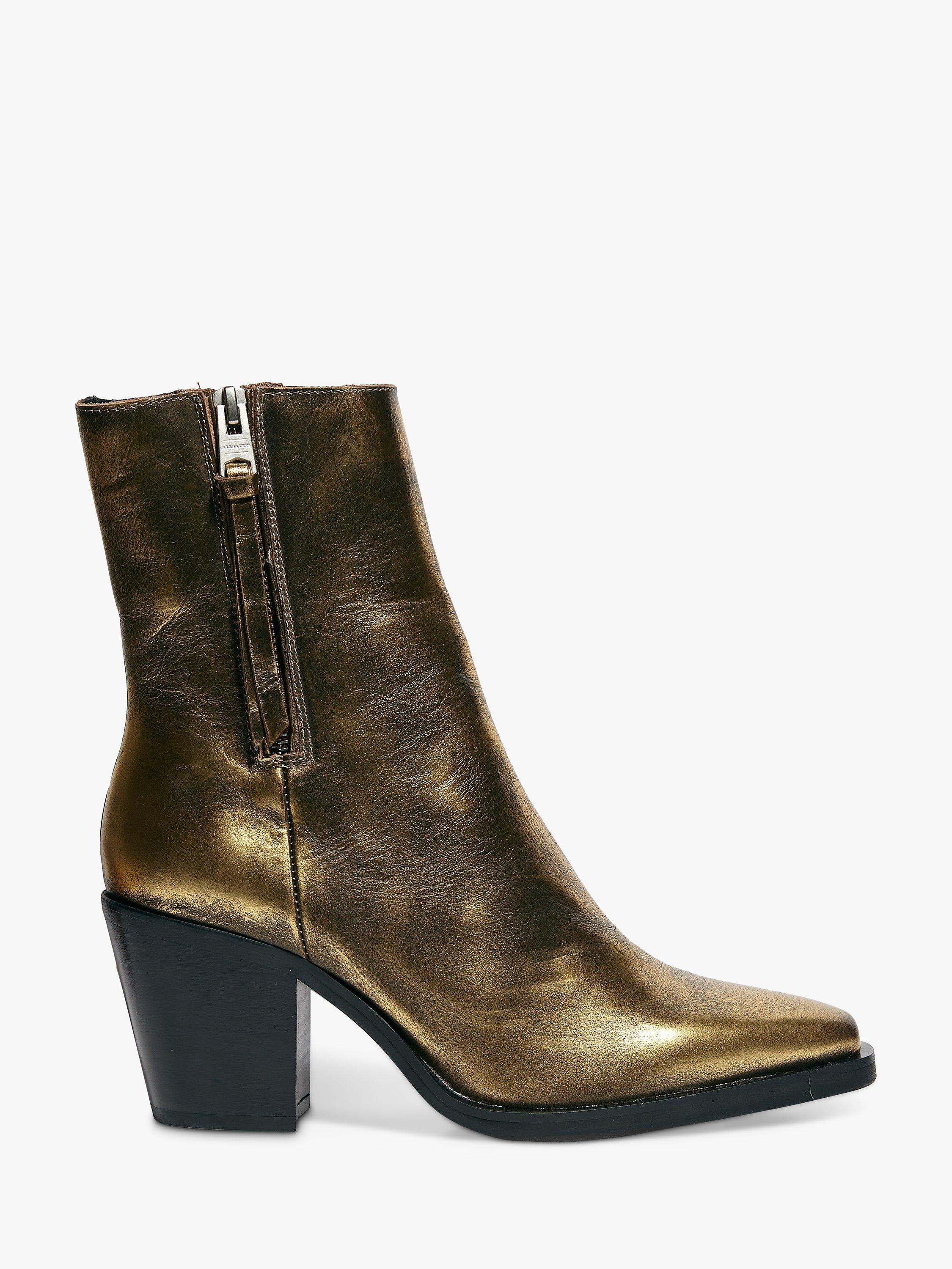 AllSaints Cohen Leather Zip Up Ankle Boots Gold