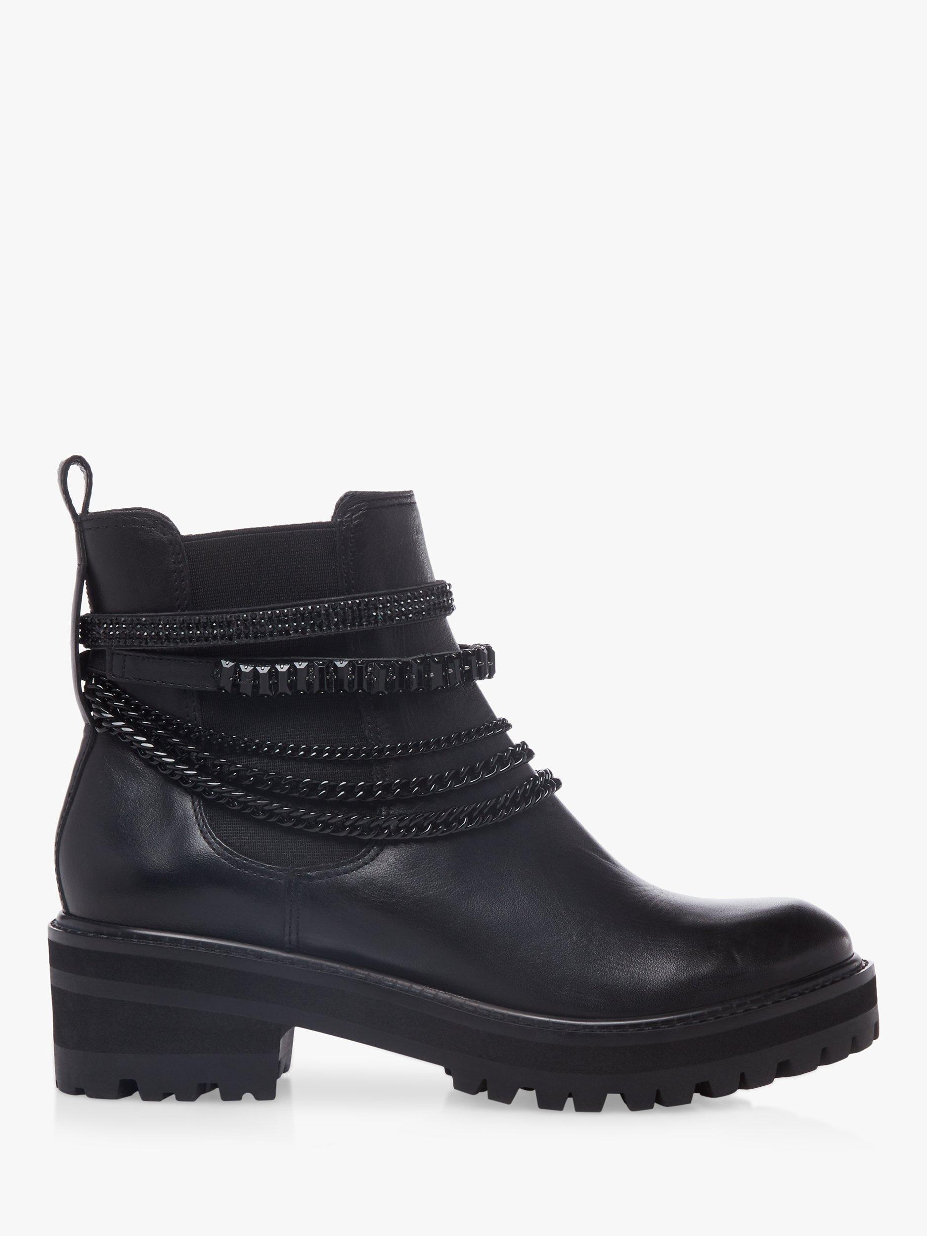 Dune Puzzel Leather Embellished Chain Ankle Boots, Black
