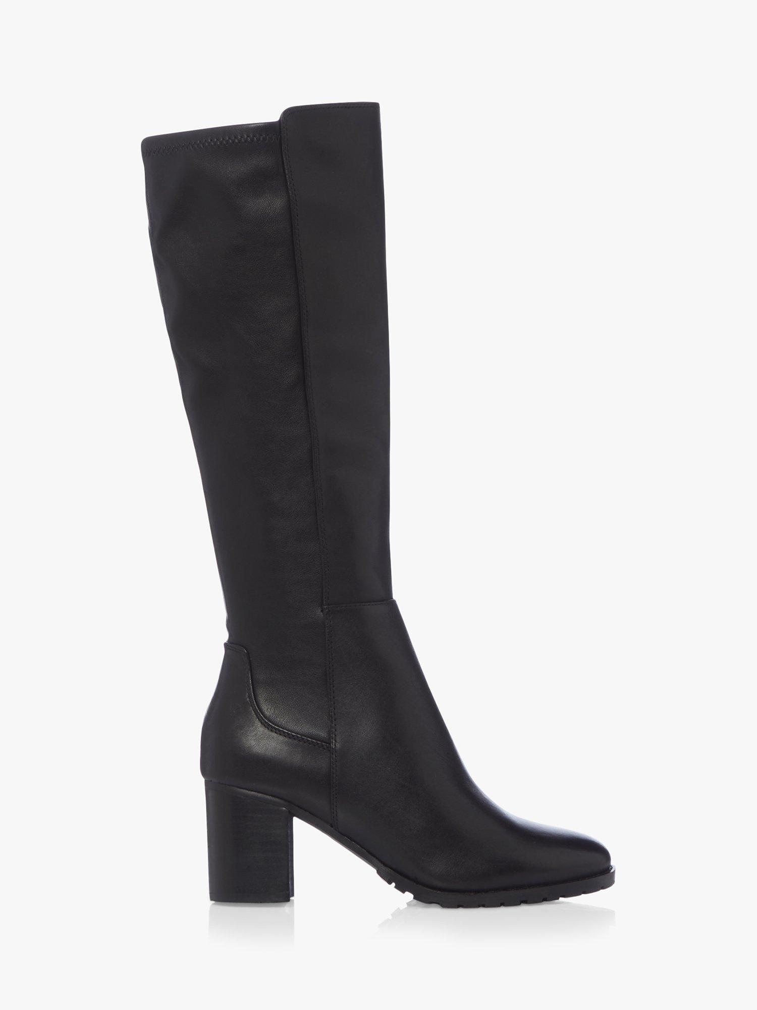 Dune Titain Leather Stretch Cleated Knee High Block Heel Boots, Black