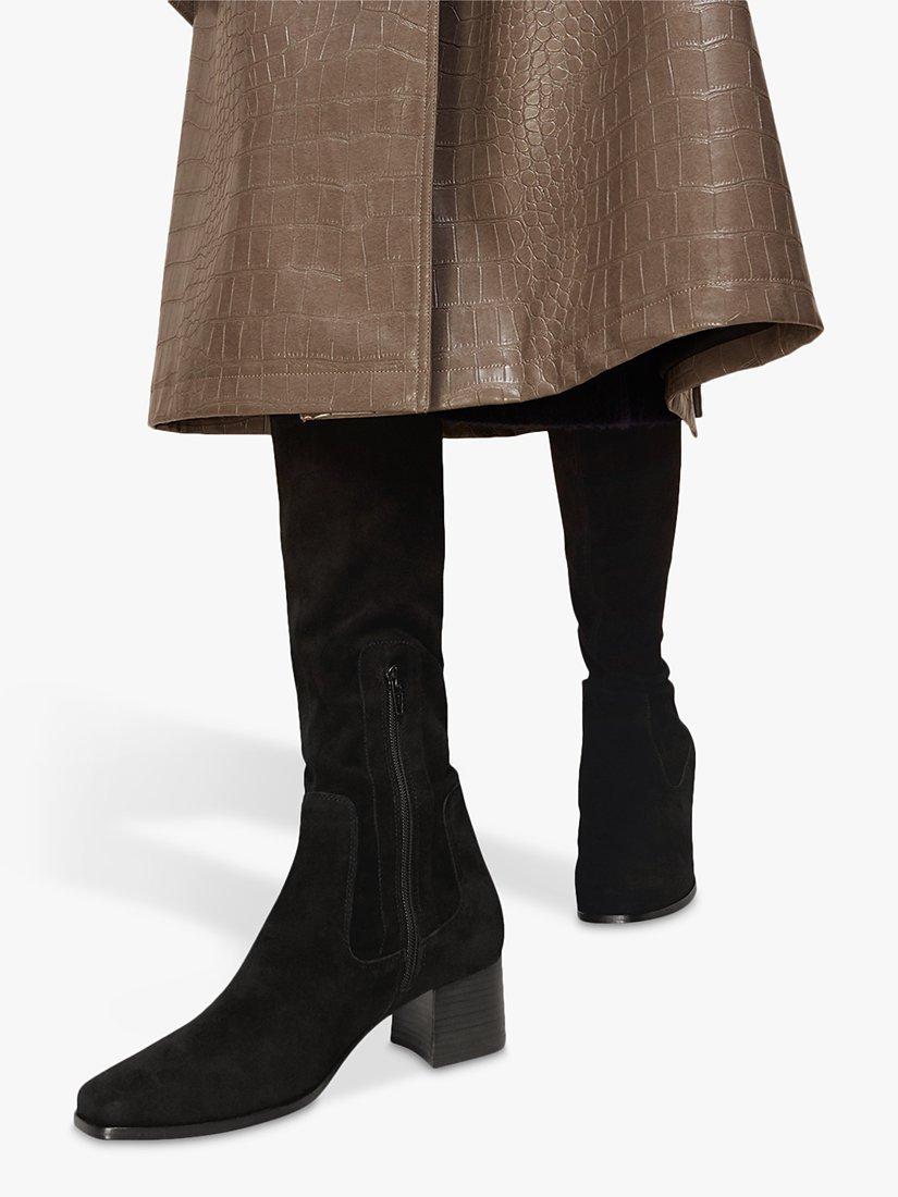 Product image 4 of 4, which shows Whistles Blaire Stretch Knee High Suede Boots, Black, 3