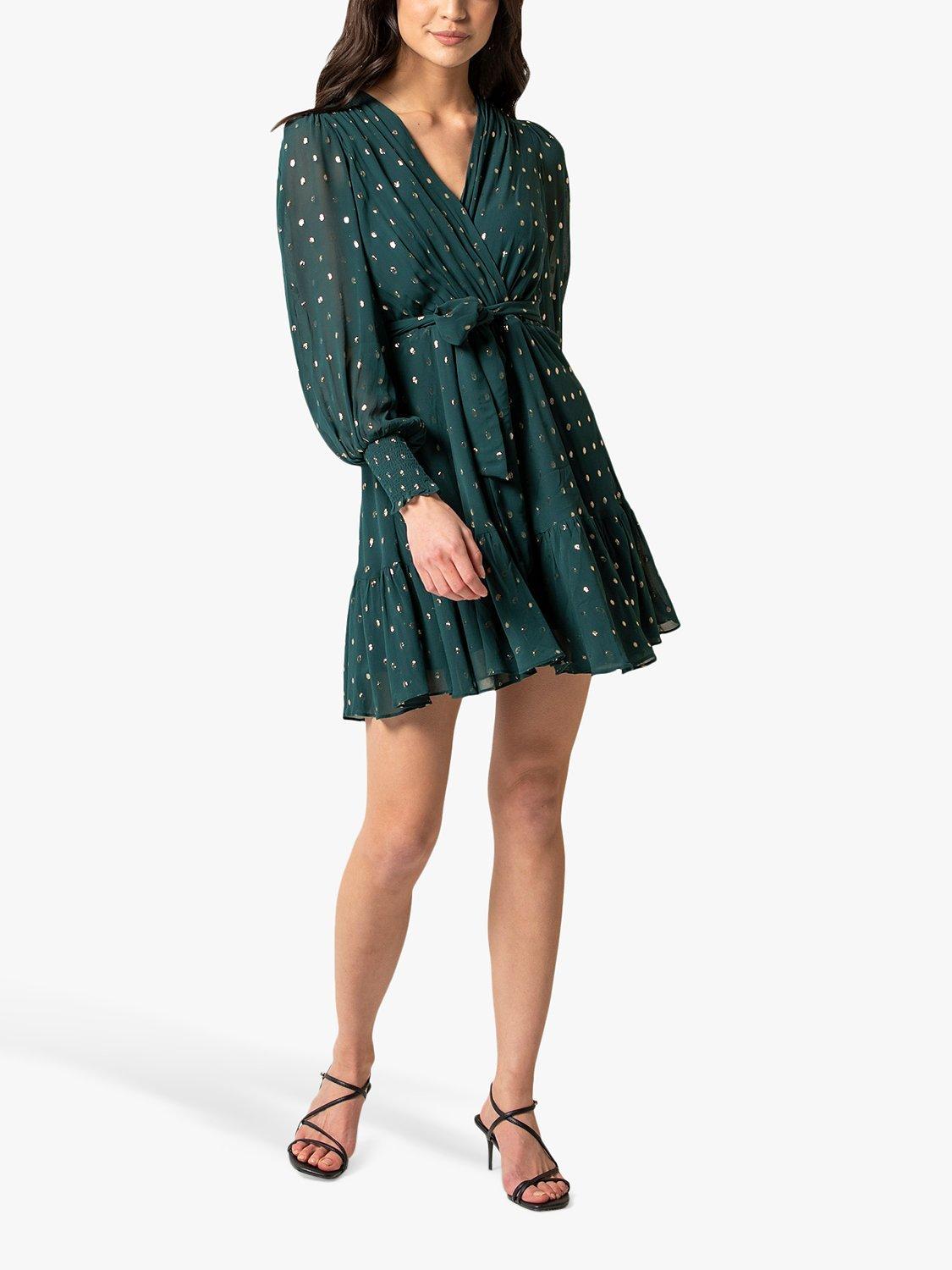 Forever New Sloane Metallic Spot Skater Dress, Dark Green