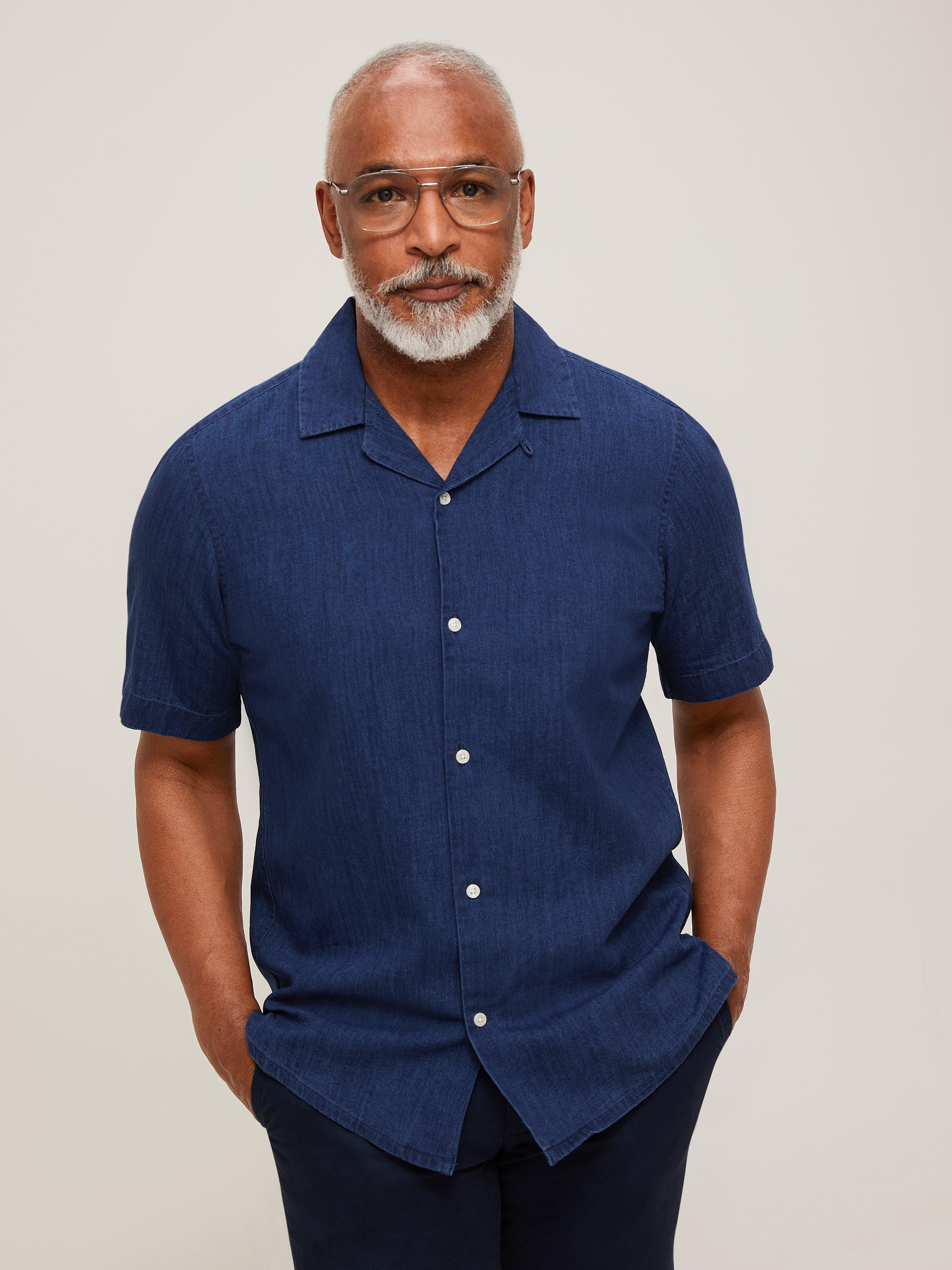 John Lewis & Partners Cotton Linen Revere Collar Short Sleeve Shirt, Indigo