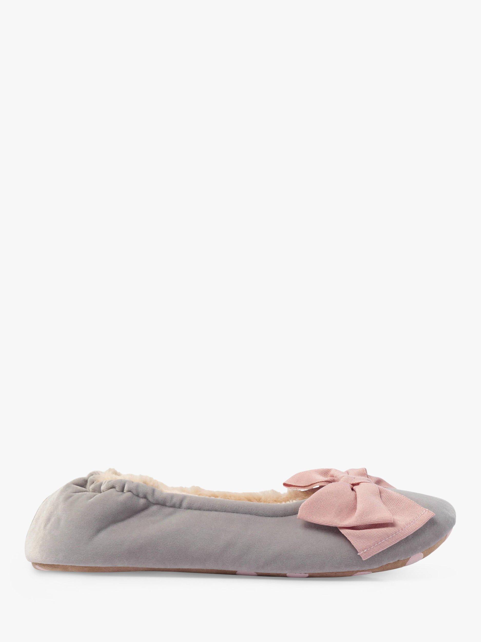 Boden Cosy Velvet Bow Slippers, Tin Grey/Milkshake, 4
