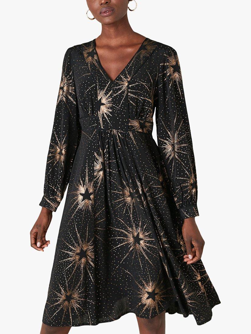 Monsoon Star Foil Print Midi Dress, Black