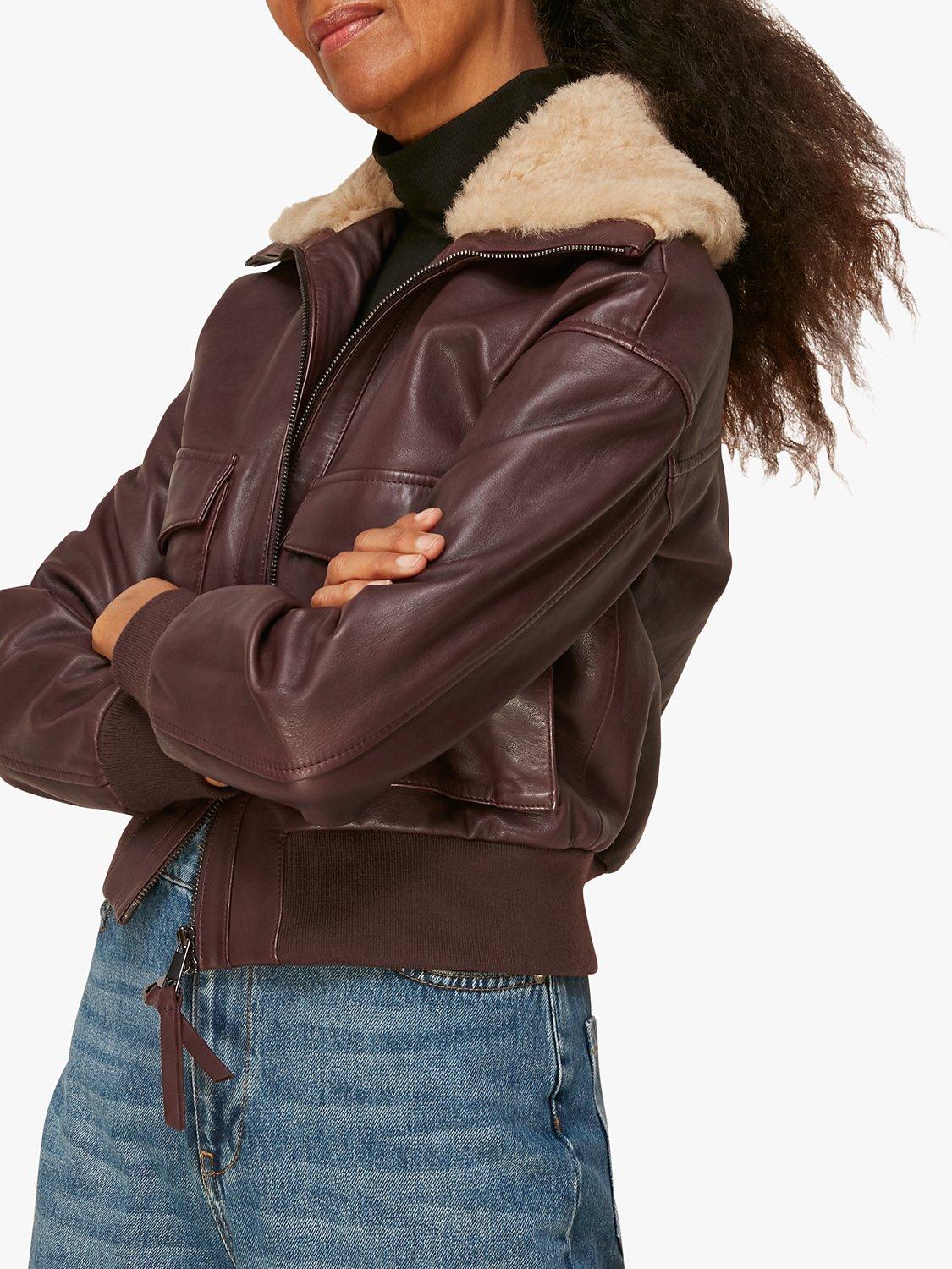 Whistles Shearling Collar Leather Bomber Jacket, Burgundy