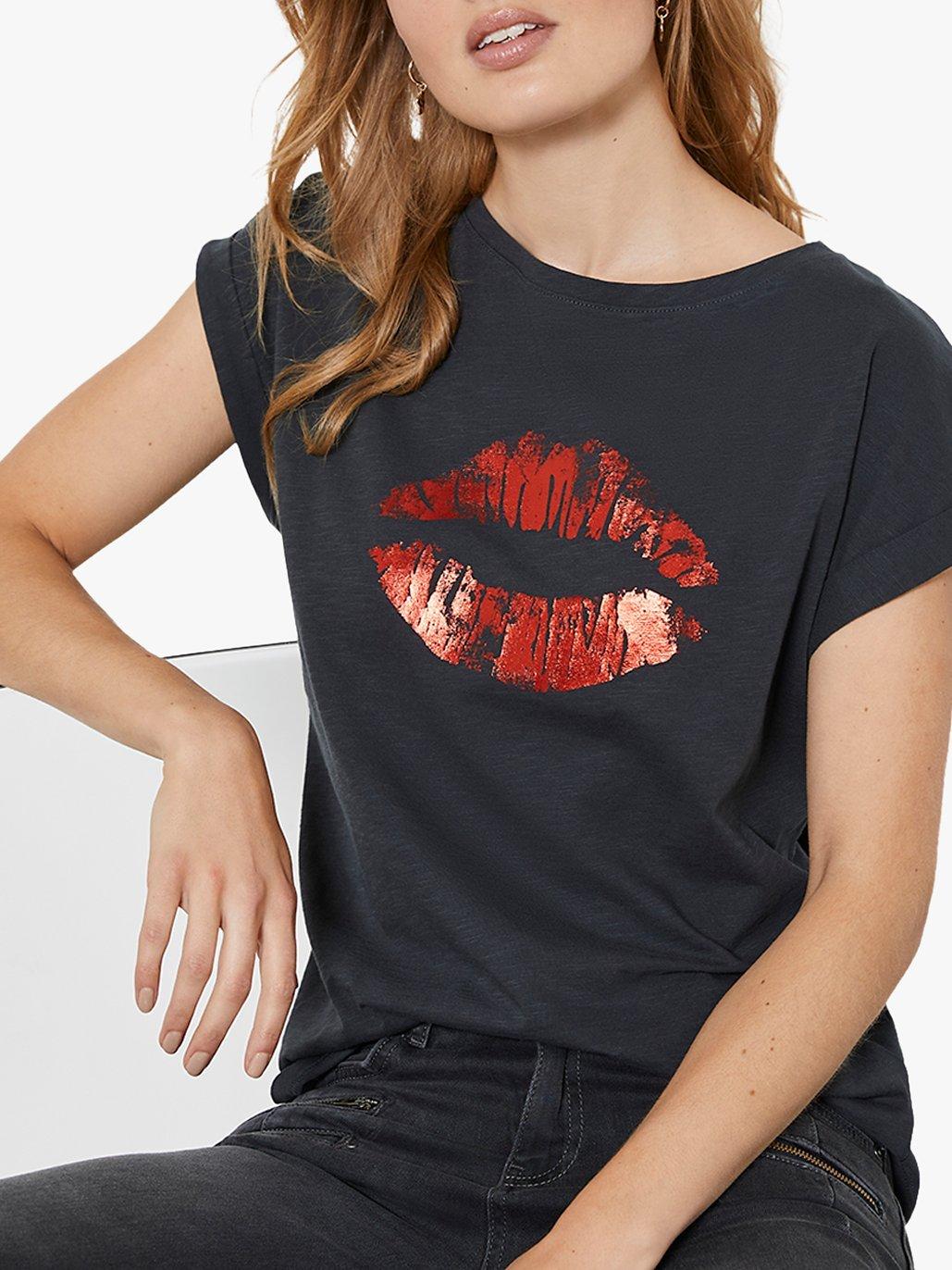 Mint Velvet Lips Slub T Shirt Charcoal Red