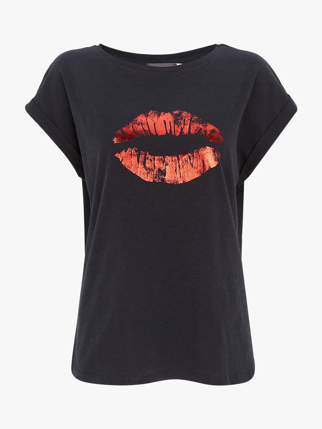 Mint Velvet Lips Slub T Shirt Charcoal Red