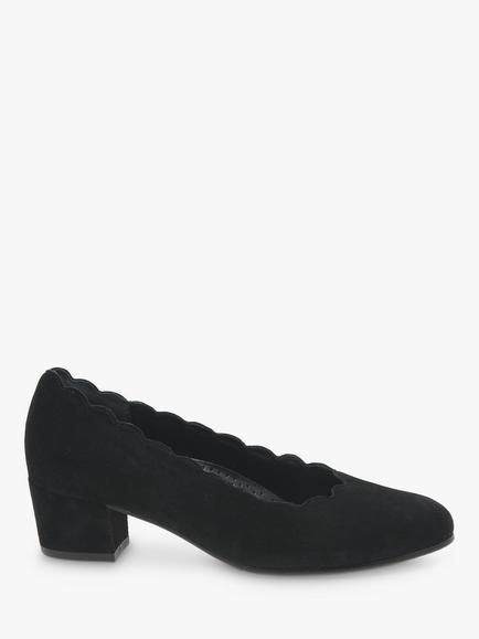 Gabor Gigi Wide Fit Suede Scallop Edge Block Heel Court Shoes, Black, Black