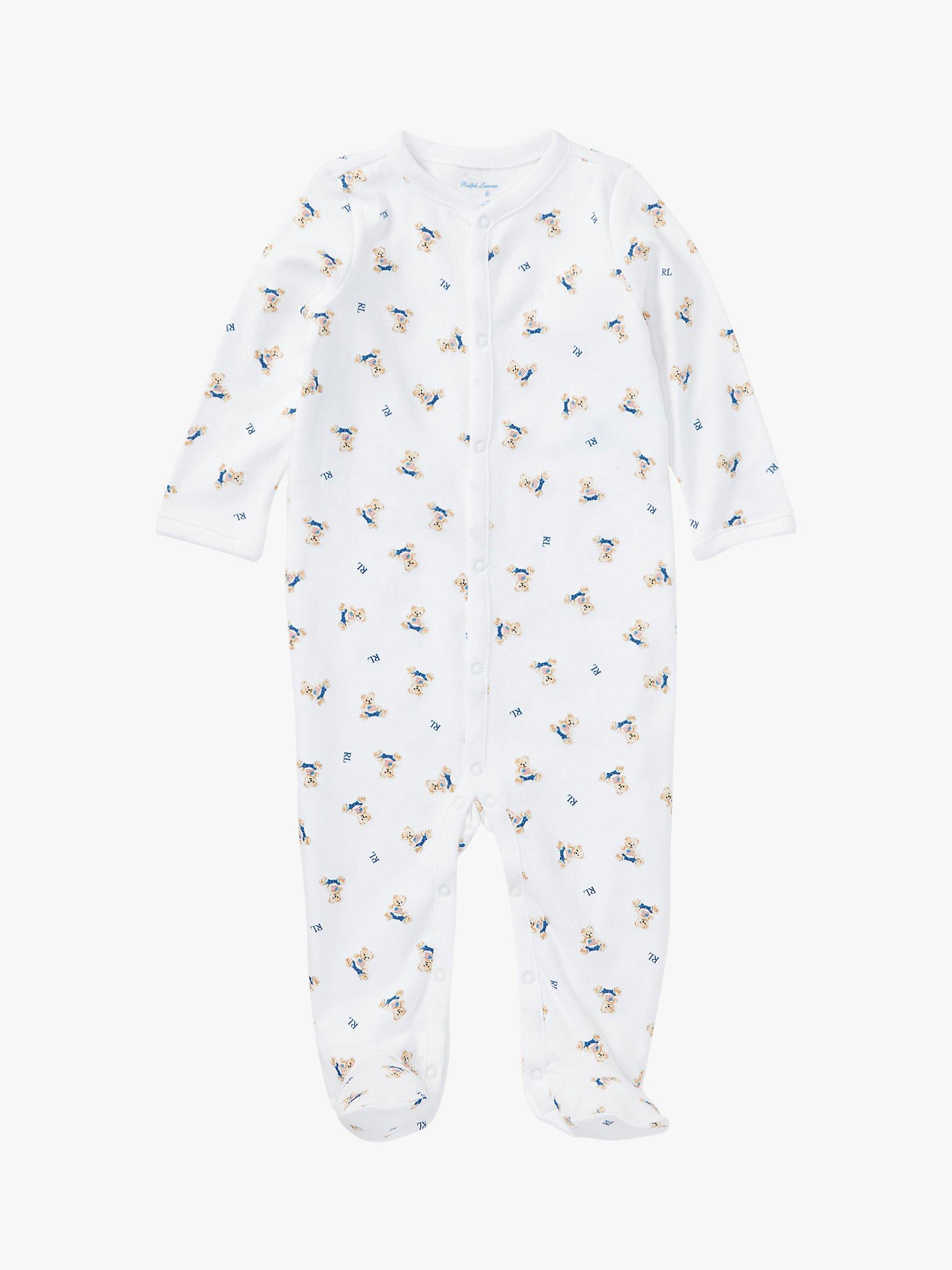 Product image 1 of 2, which shows Ralph Lauren Baby Polo Bear Print Sleepsuit, White/Blue, Newborn