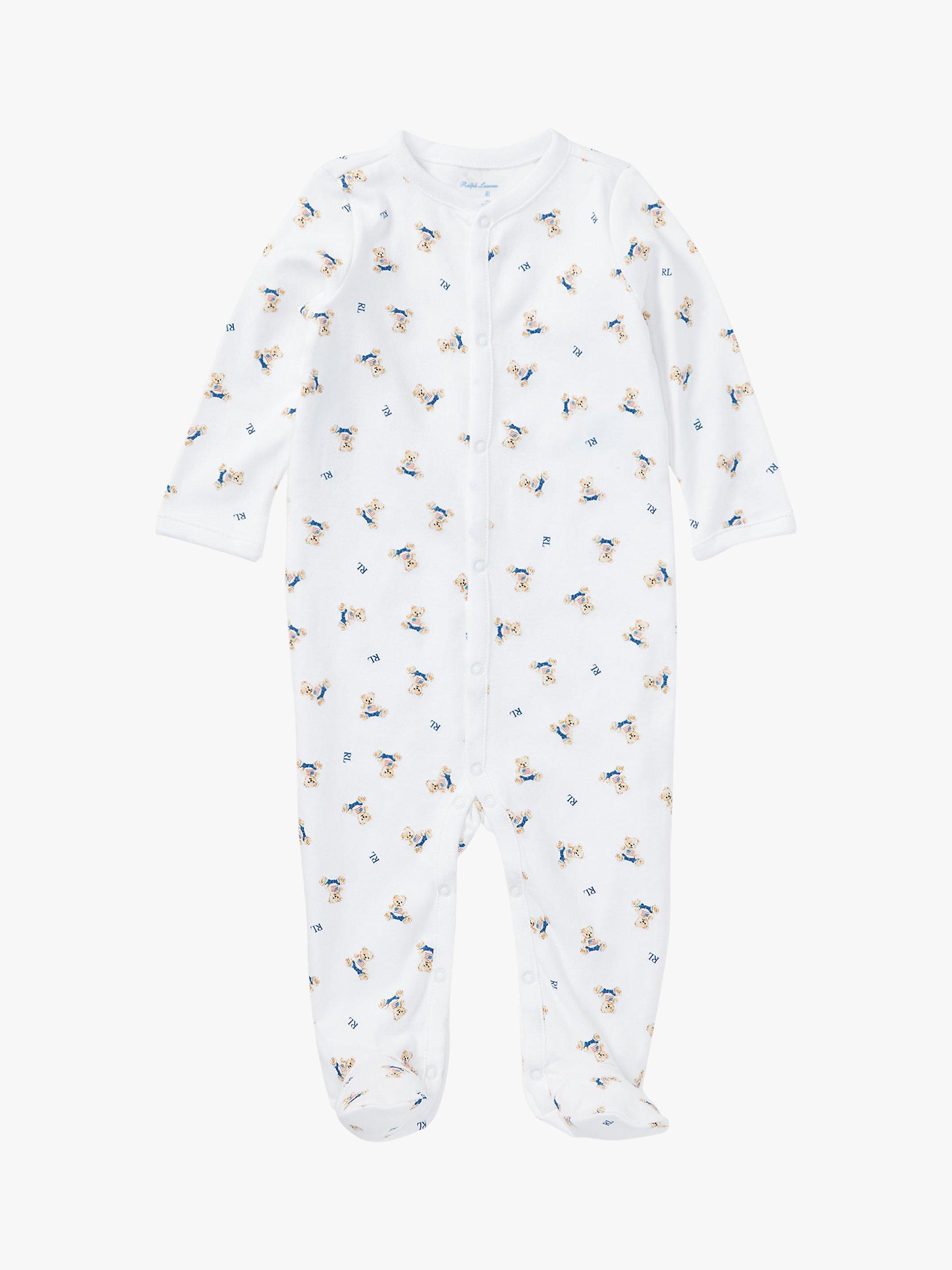 Ralph Lauren Baby Polo Bear Print Sleepsuit, White/Blue, Newborn