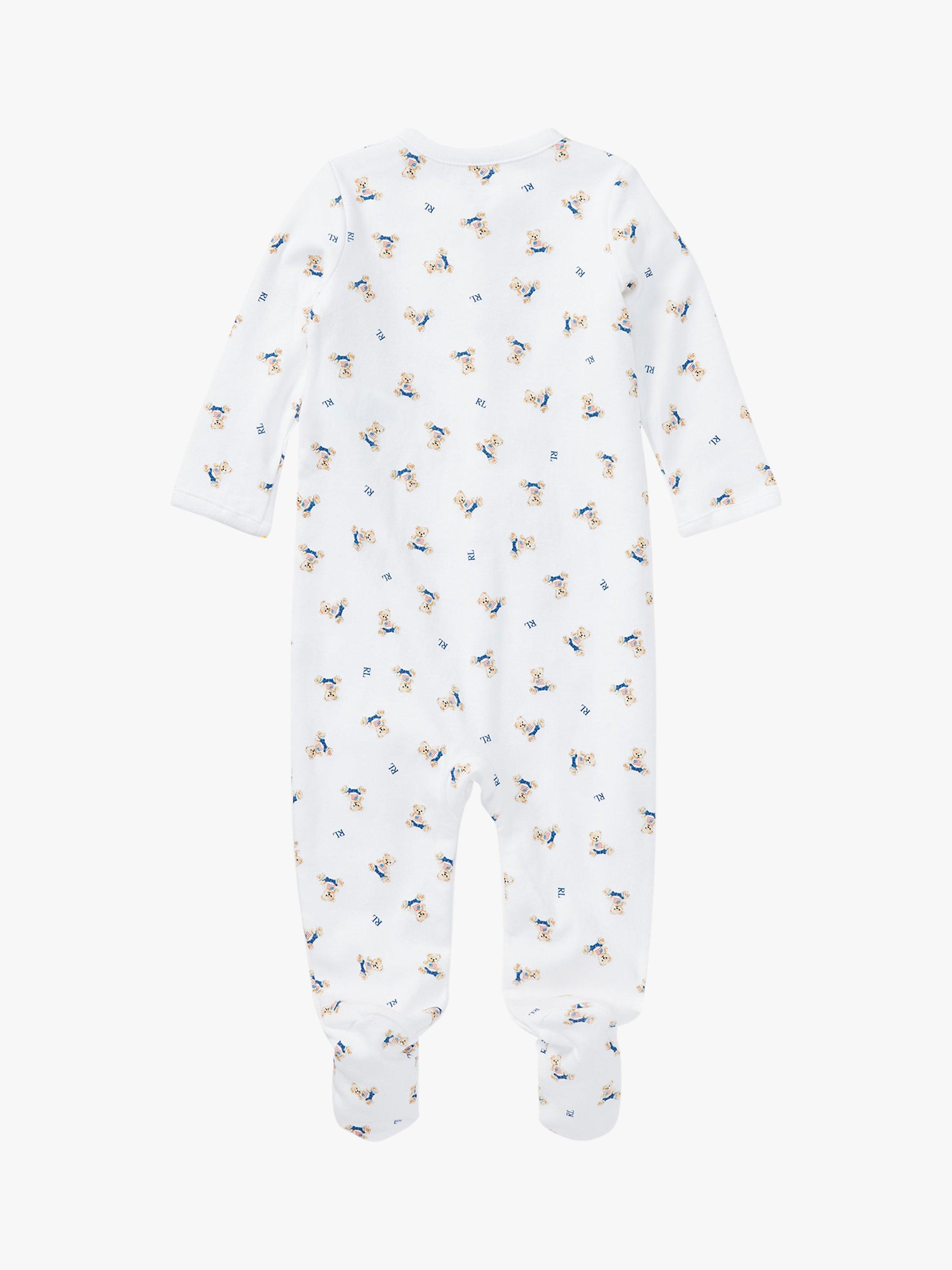 Product image 2 of 2, which shows Ralph Lauren Baby Polo Bear Print Sleepsuit, White/Blue, Newborn