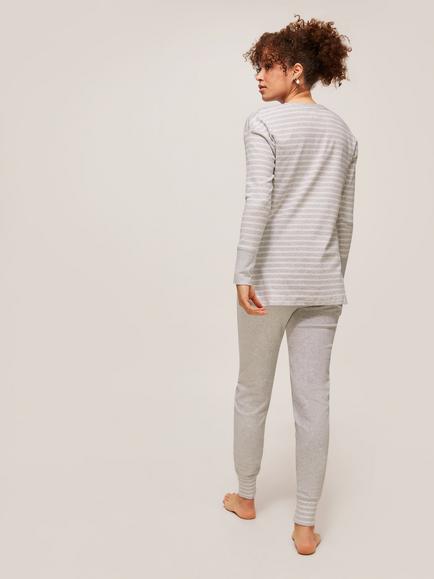 John Lewis Edie Striped Cotton Pyjama Set, Light Grey - view 2, Light Grey