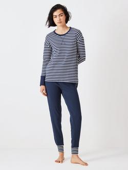 John Lewis Edie Stripe Long Sleeve Pyjama Set, Navy/White, Navy/White