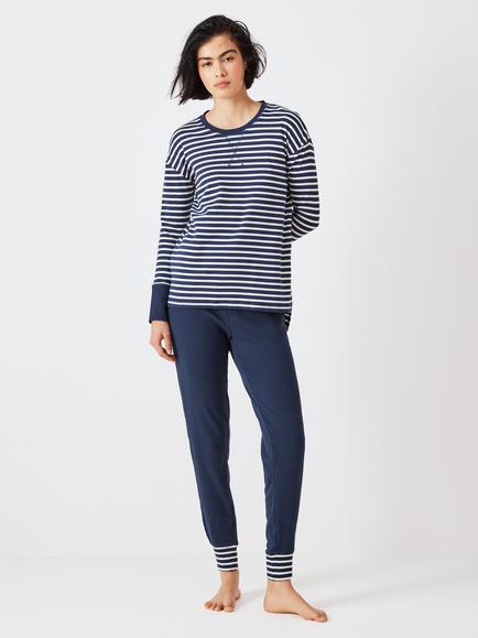 John Lewis Edie Stripe Long Sleeve Pyjama Set, Navy/White, Navy/White