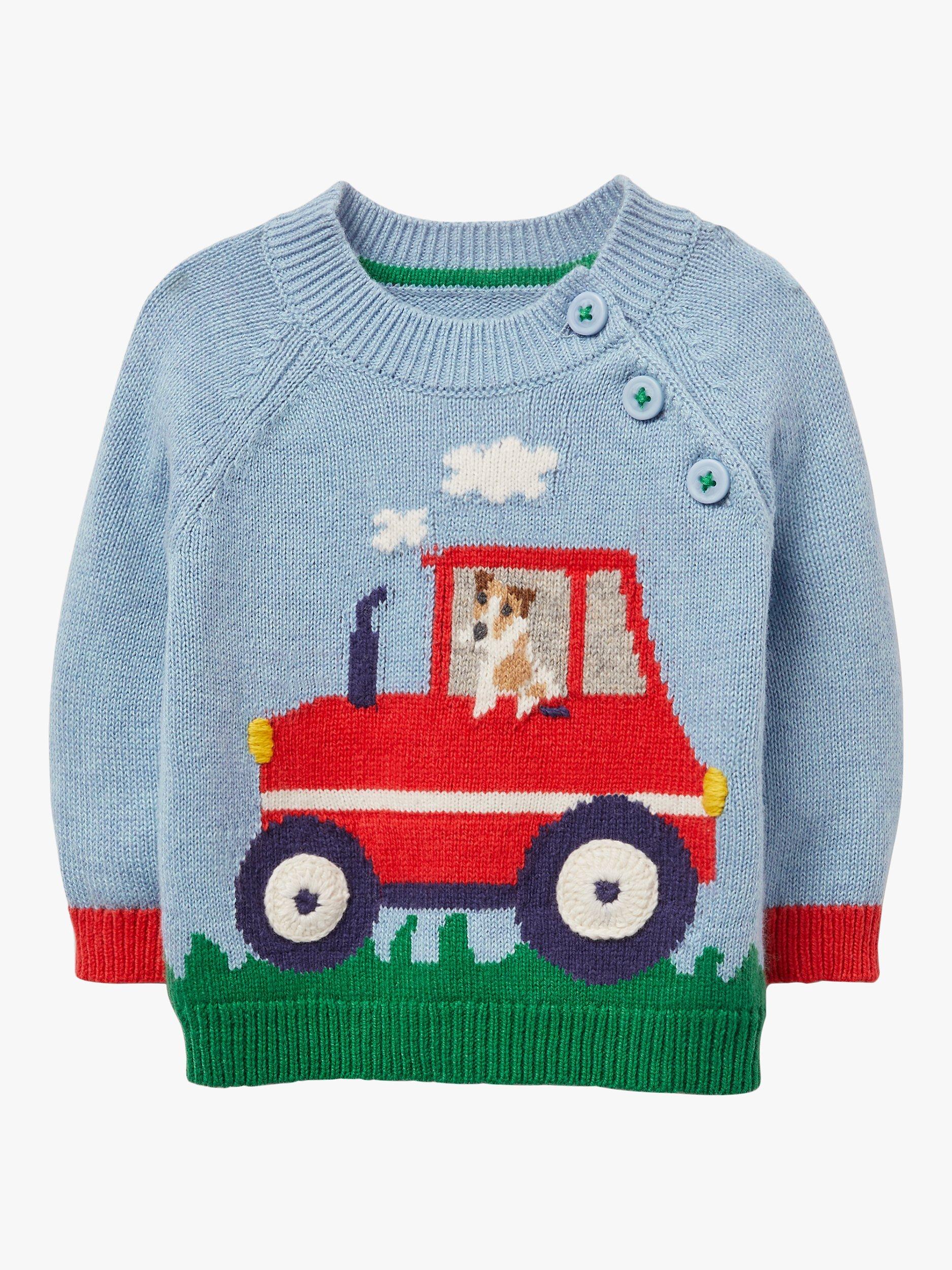 Mini Boden Baby Knitted Tractor Jumper, Blue Marl