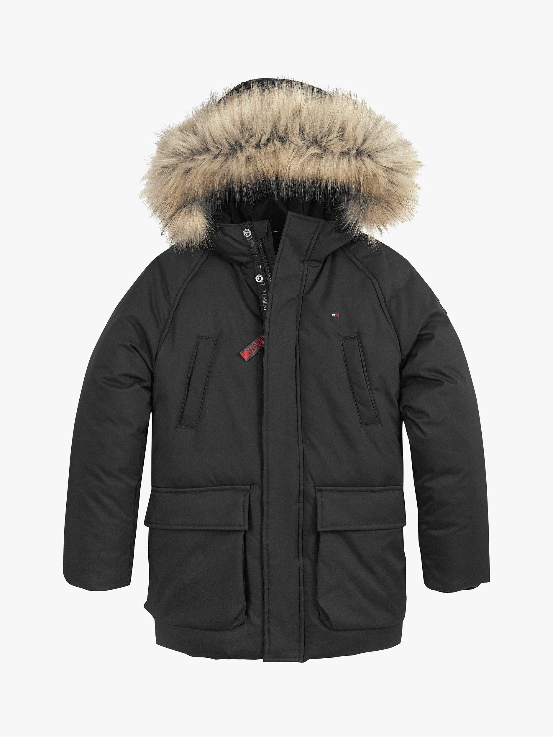Tommy Hilfiger Boys' Tech Faux Fur Hood Parka Coat, Black