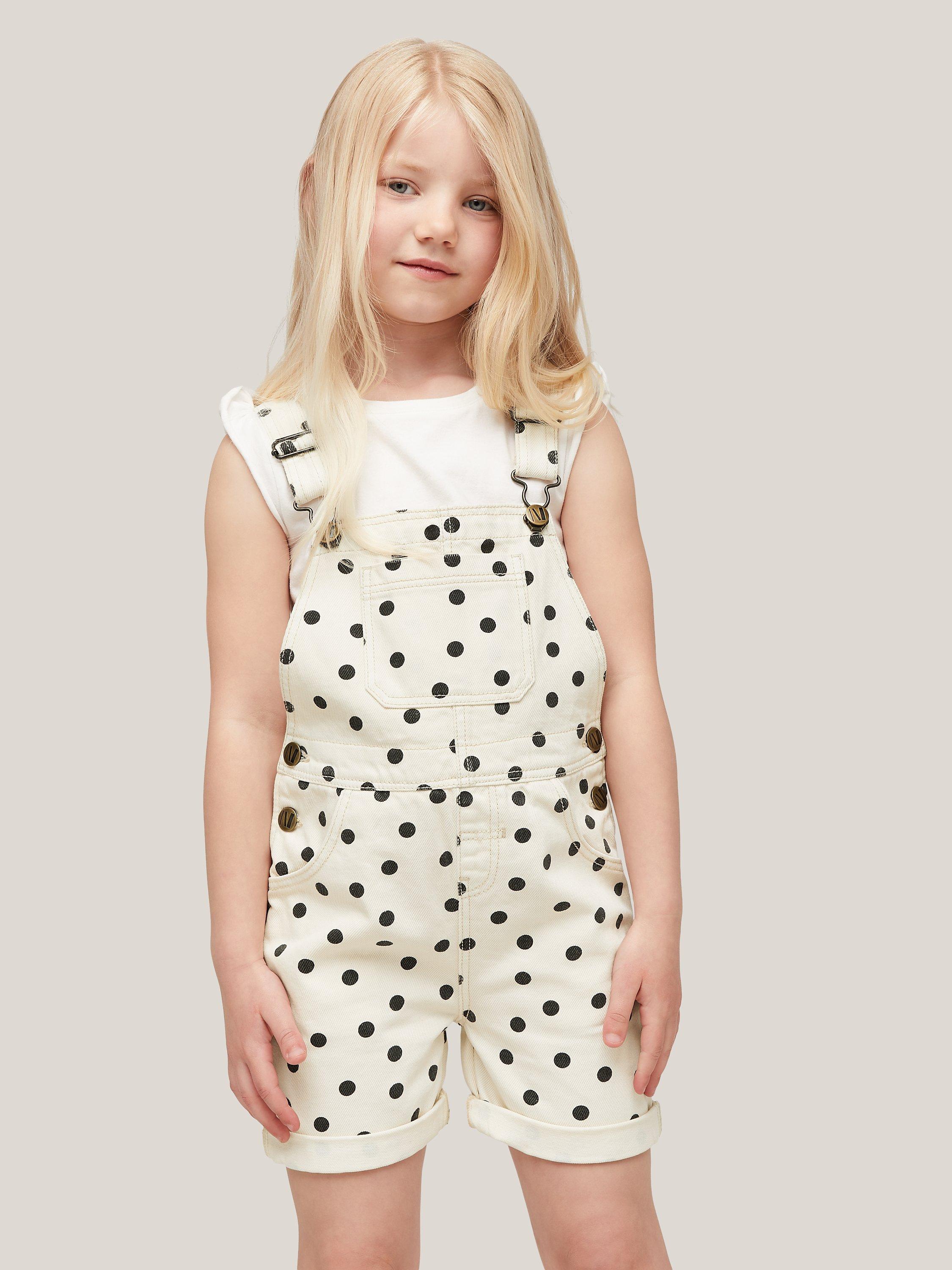 John Lewis & Partners Kids' Spot Print Denim Bibshorts, Ecru