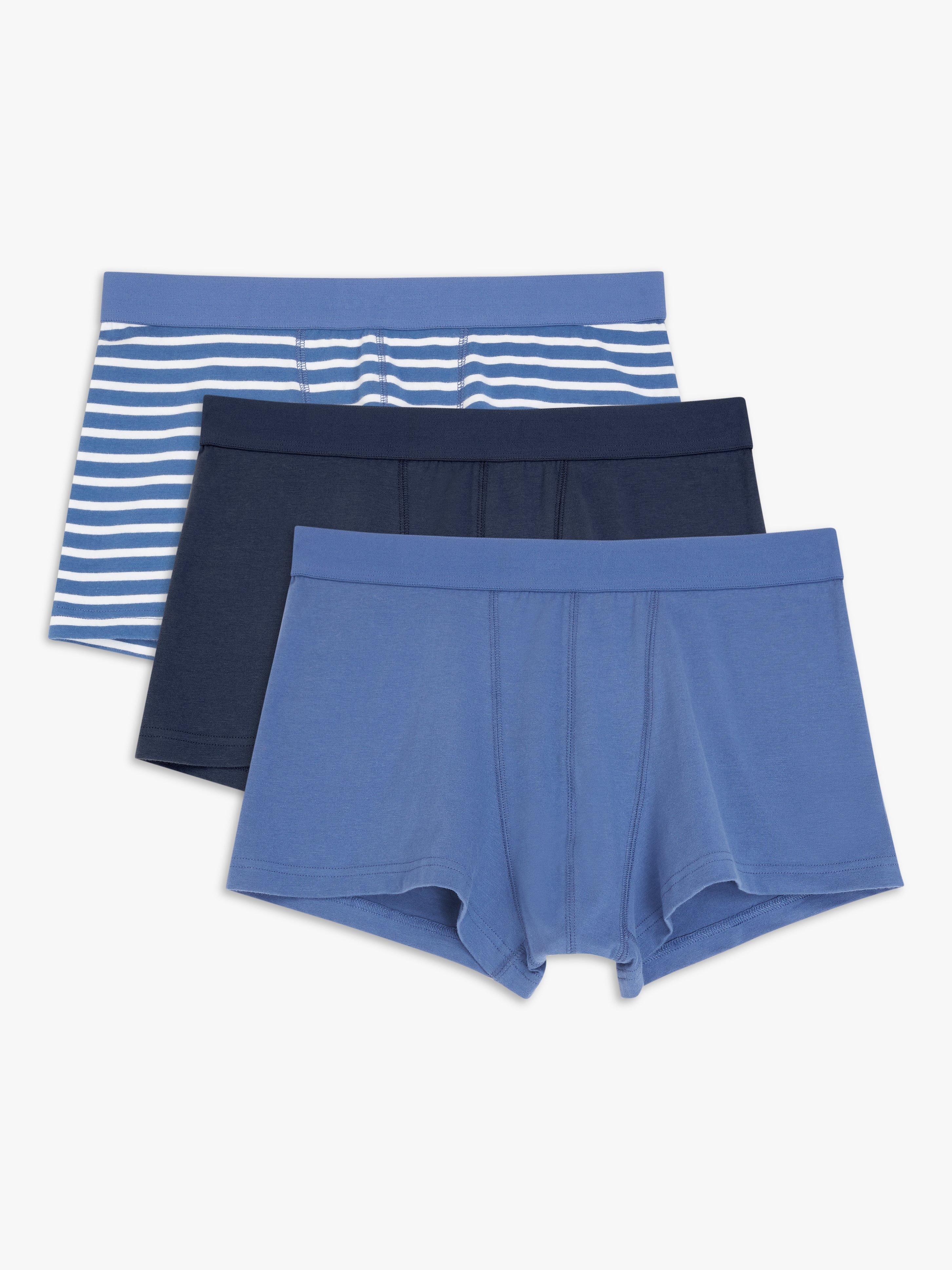 John Lewis ANYDAY Stretch Cotton Stripe Plain Trunks, Pack of 3, Blue/White
