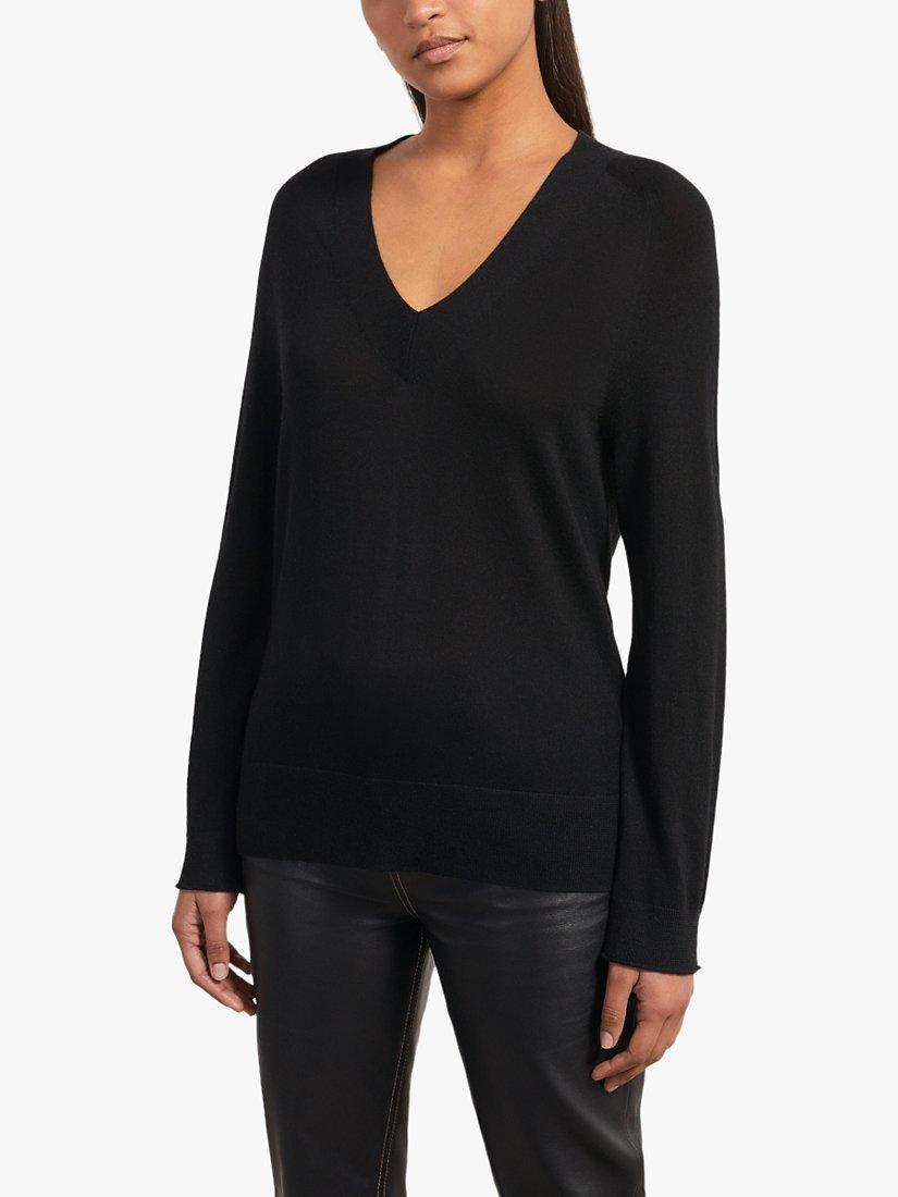 Jigsaw Merino Wool V-Neck Slouchy Jumper, Black