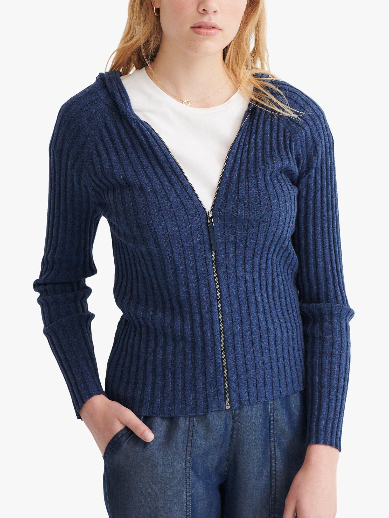 NRBY Marla Hooded Zip Front Cashmere Blend Cardigan, Denim Blue Marl