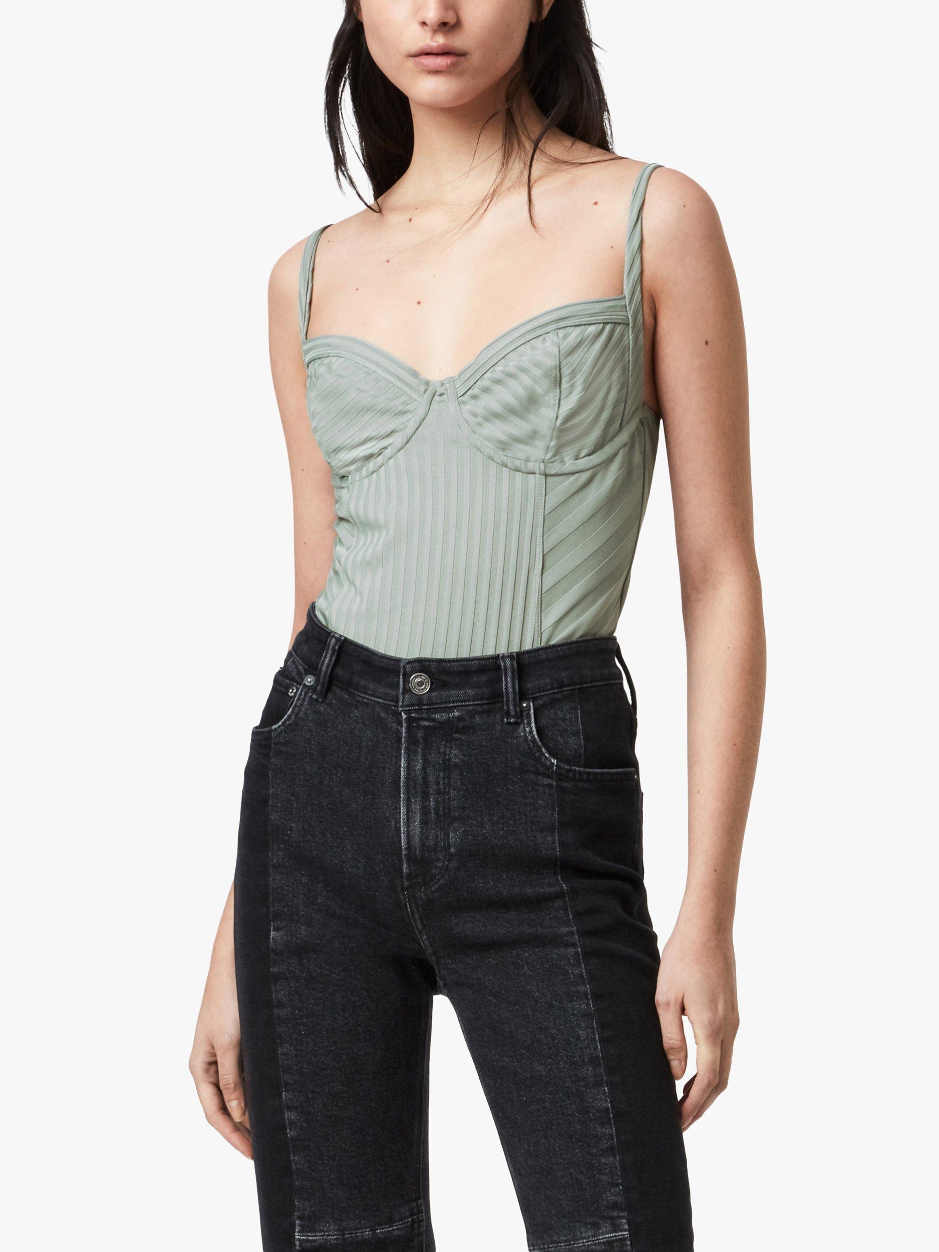 AllSaints Yuni Ribbed Bodysuit, Green Bay